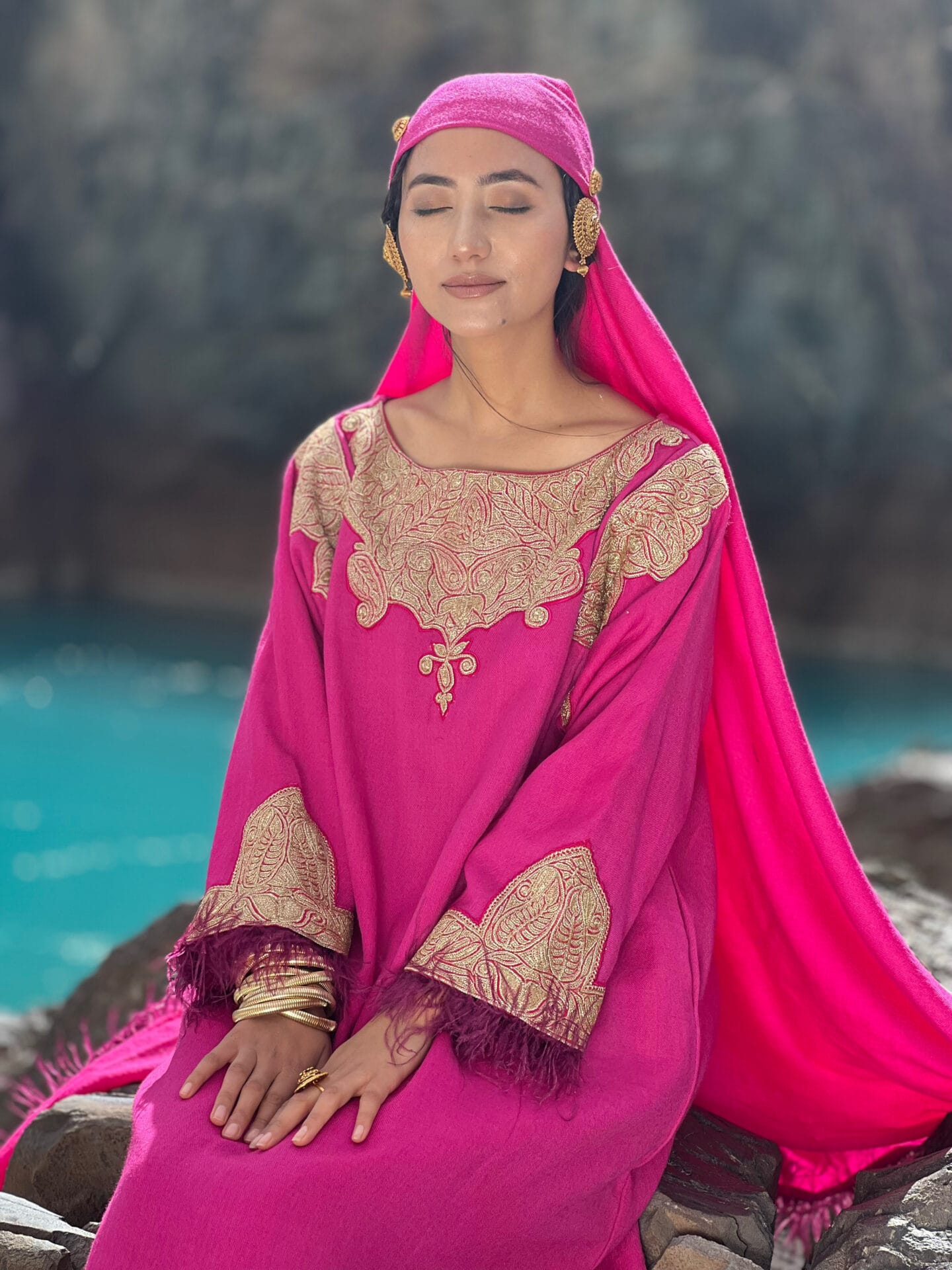 Hot Pink Purple Hand Embroidered Pheran Salwar Pashmina Stole