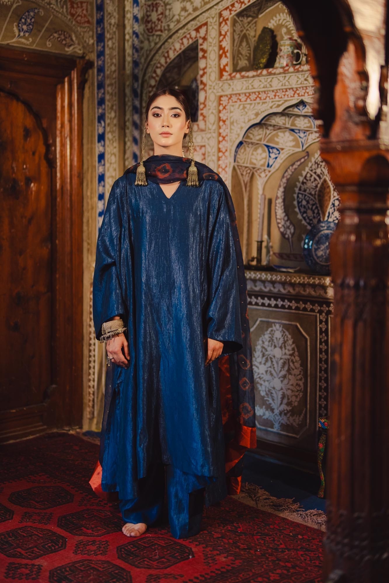 Blue Pheran Pant Organza Bandhani Dupatta
