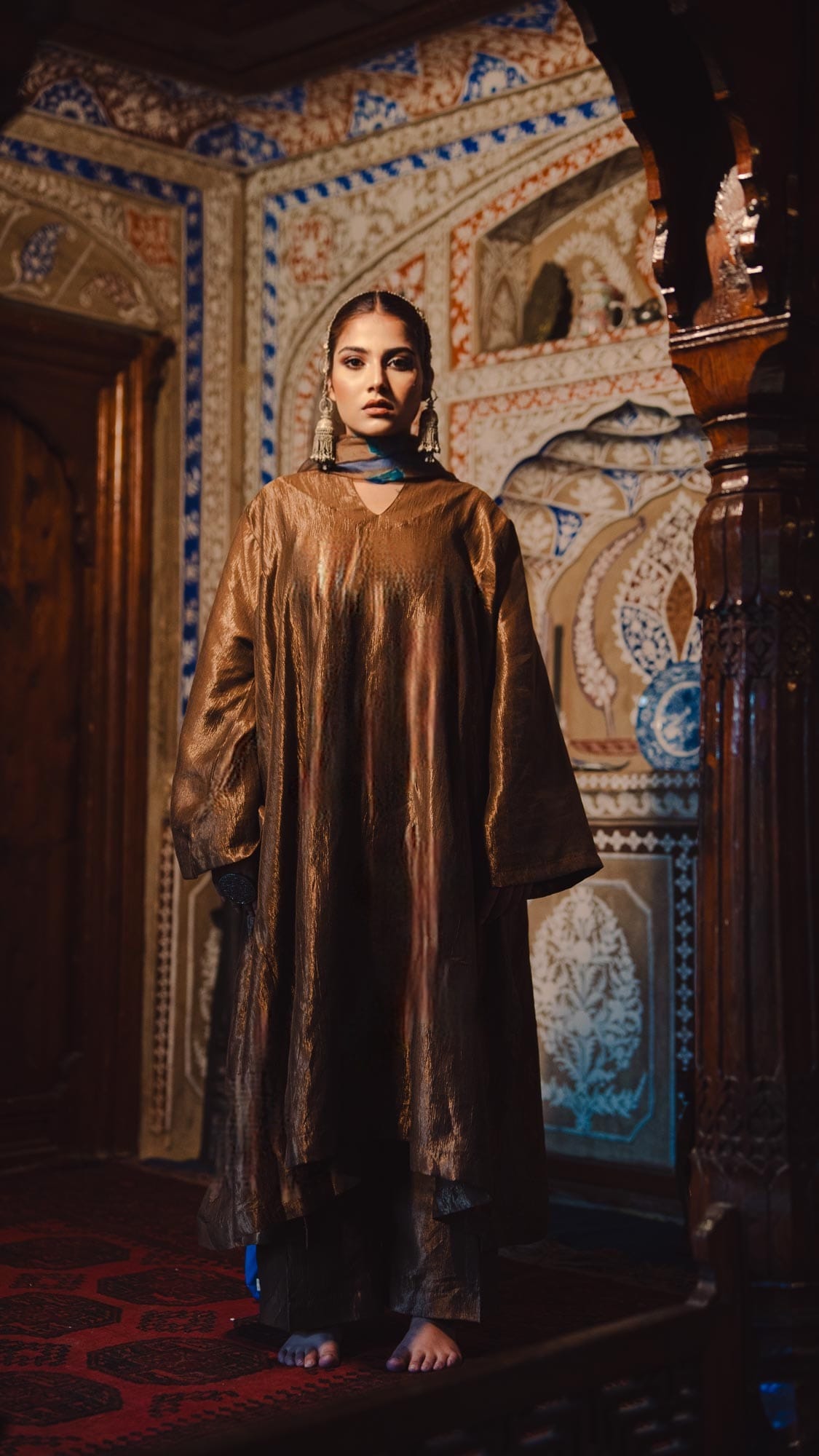 Brown Pheran Pant Organza Bandhani Dupatta