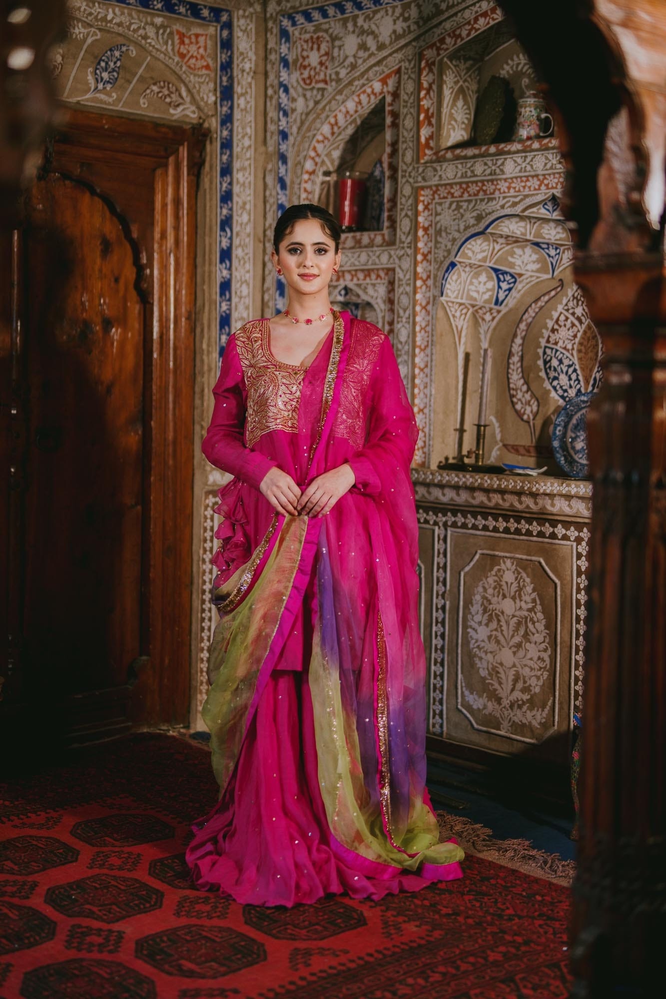 Rani Pink Chandheri Mukaish High Slit Kameez Gharara Organza Kamdani Dupatta