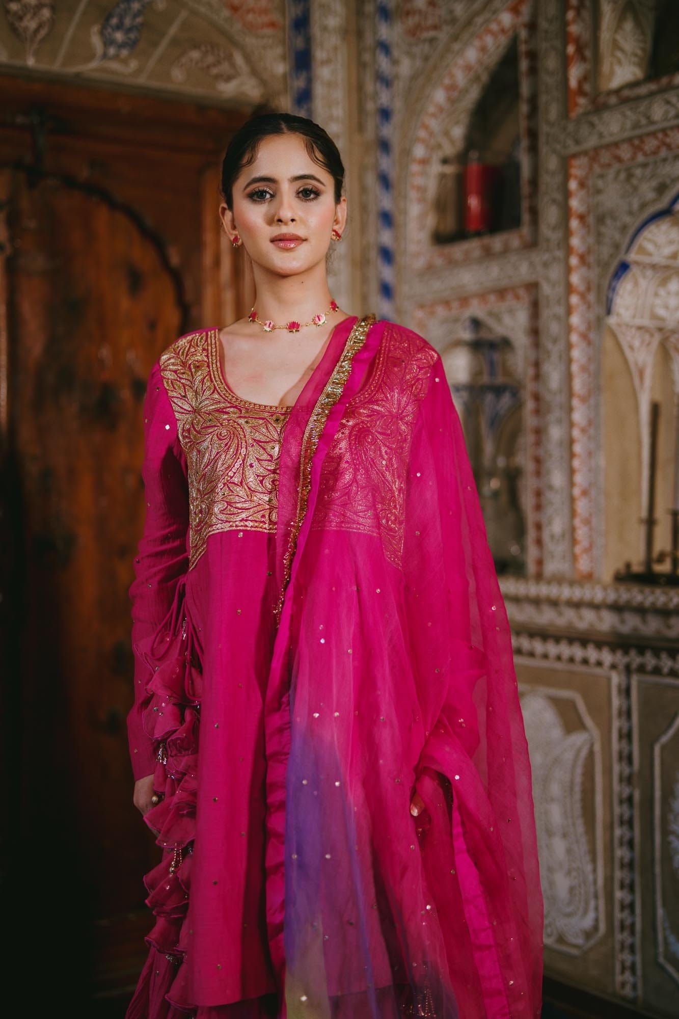 Rani Pink Chandheri Mukaish High Slit Kameez Gharara Organza Kamdani Dupatta