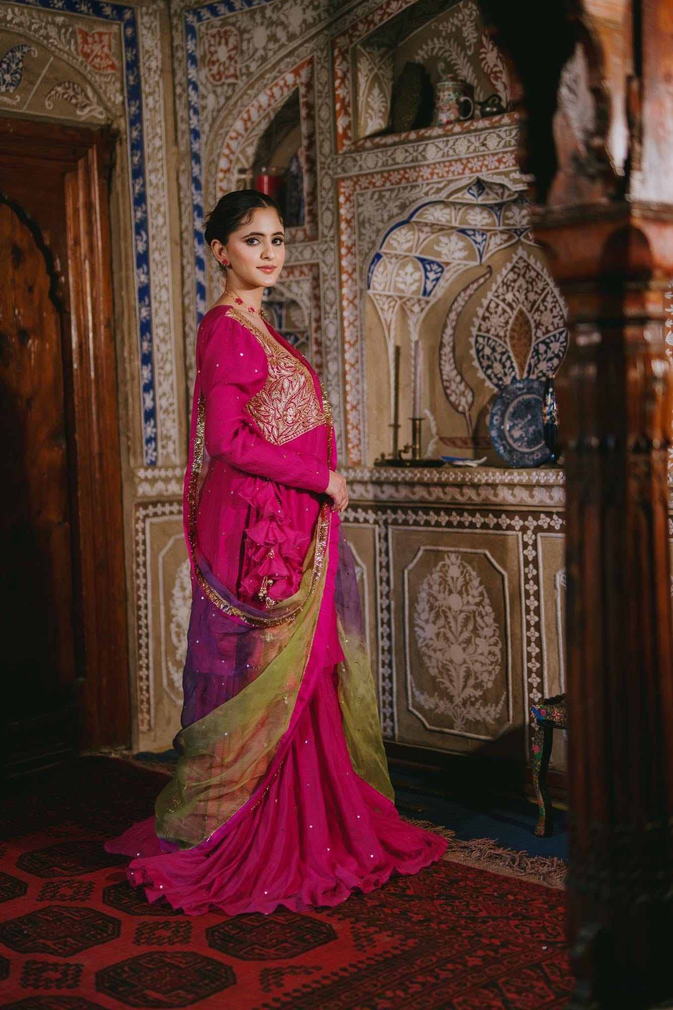 Rani Pink Chandheri Mukaish High Slit Kameez Gharara Organza Kamdani Dupatta