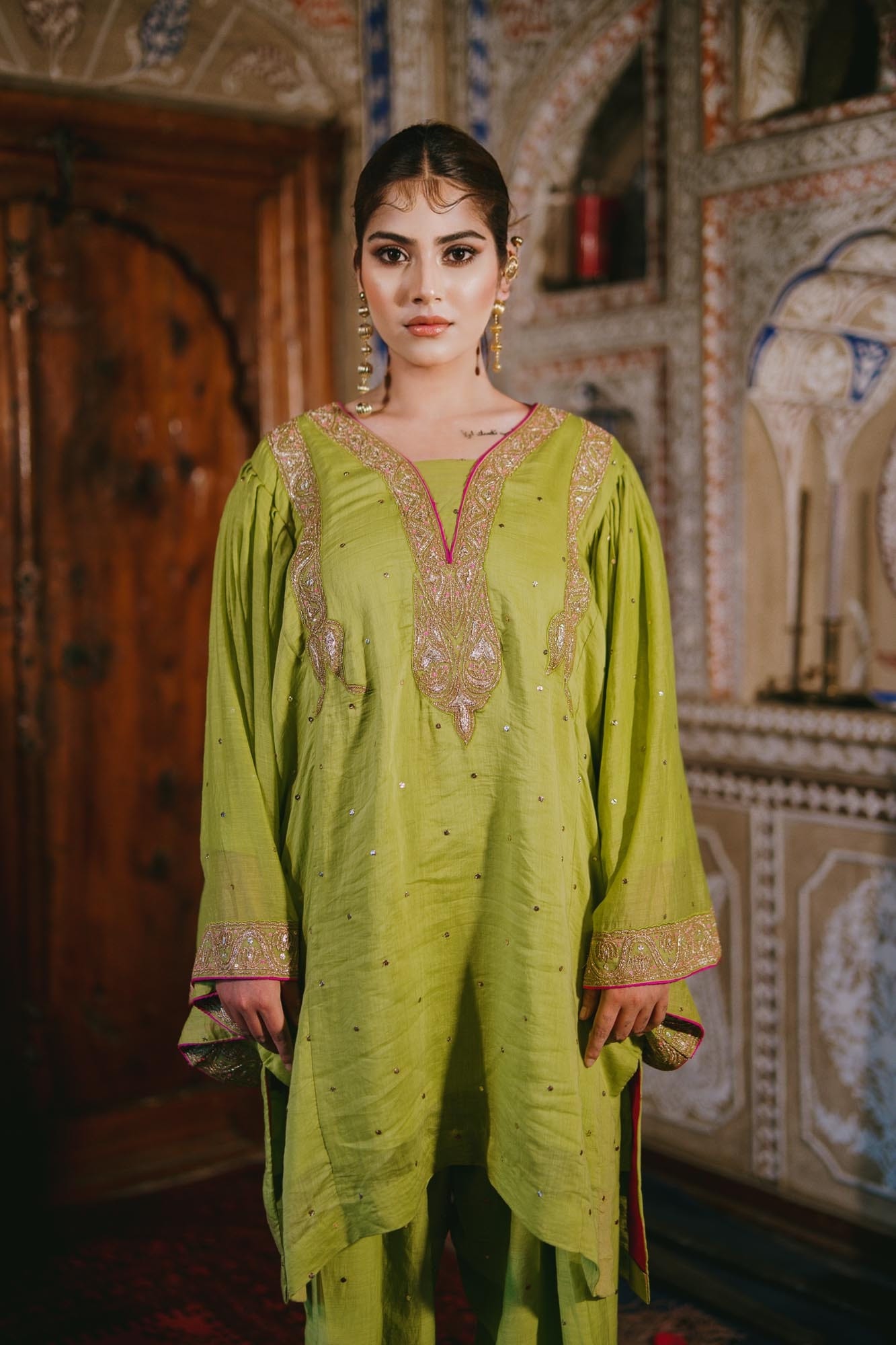 Green Chandheri Mukaish Ruffle Sleeved Pheran Salwar Kamdani Tilla Embroidered Dupatta