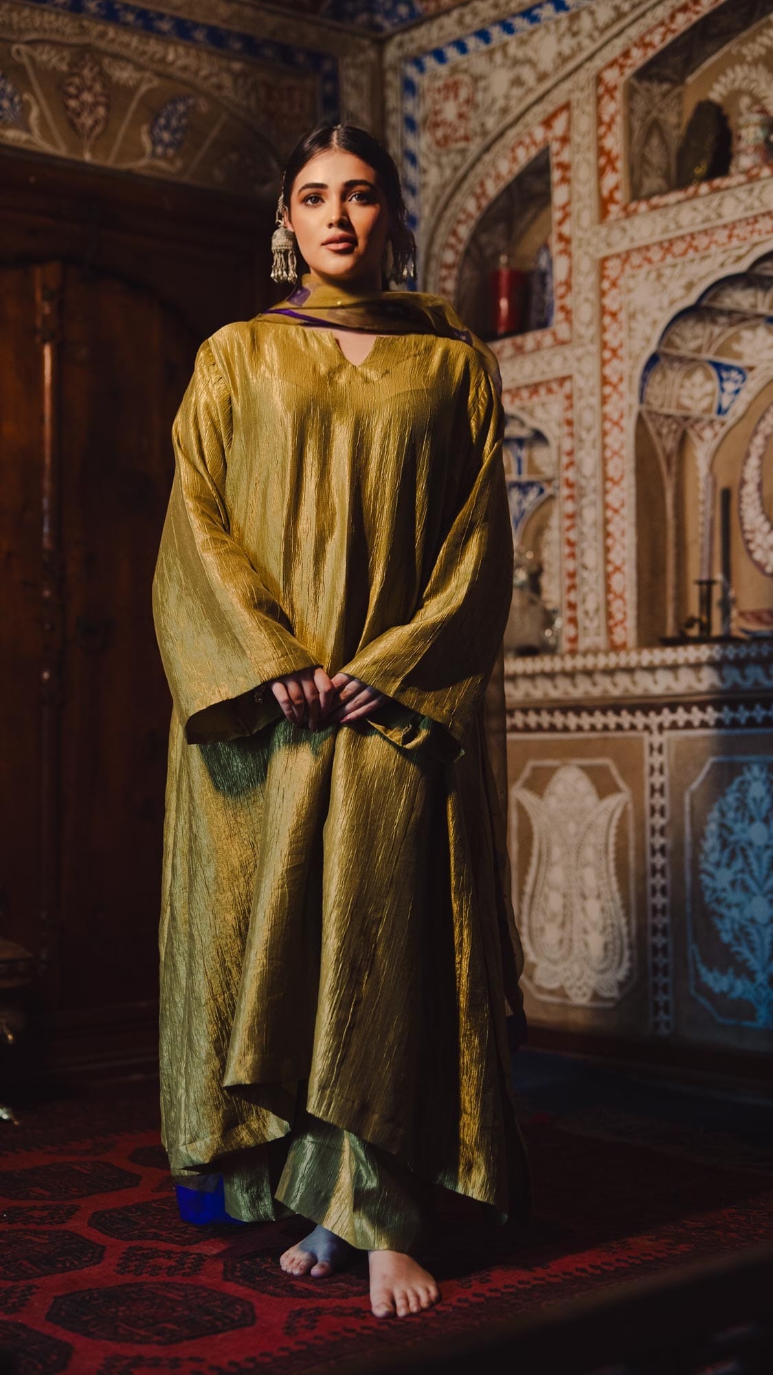 Olive Pheran Pant Organza Bandhani Dupatta