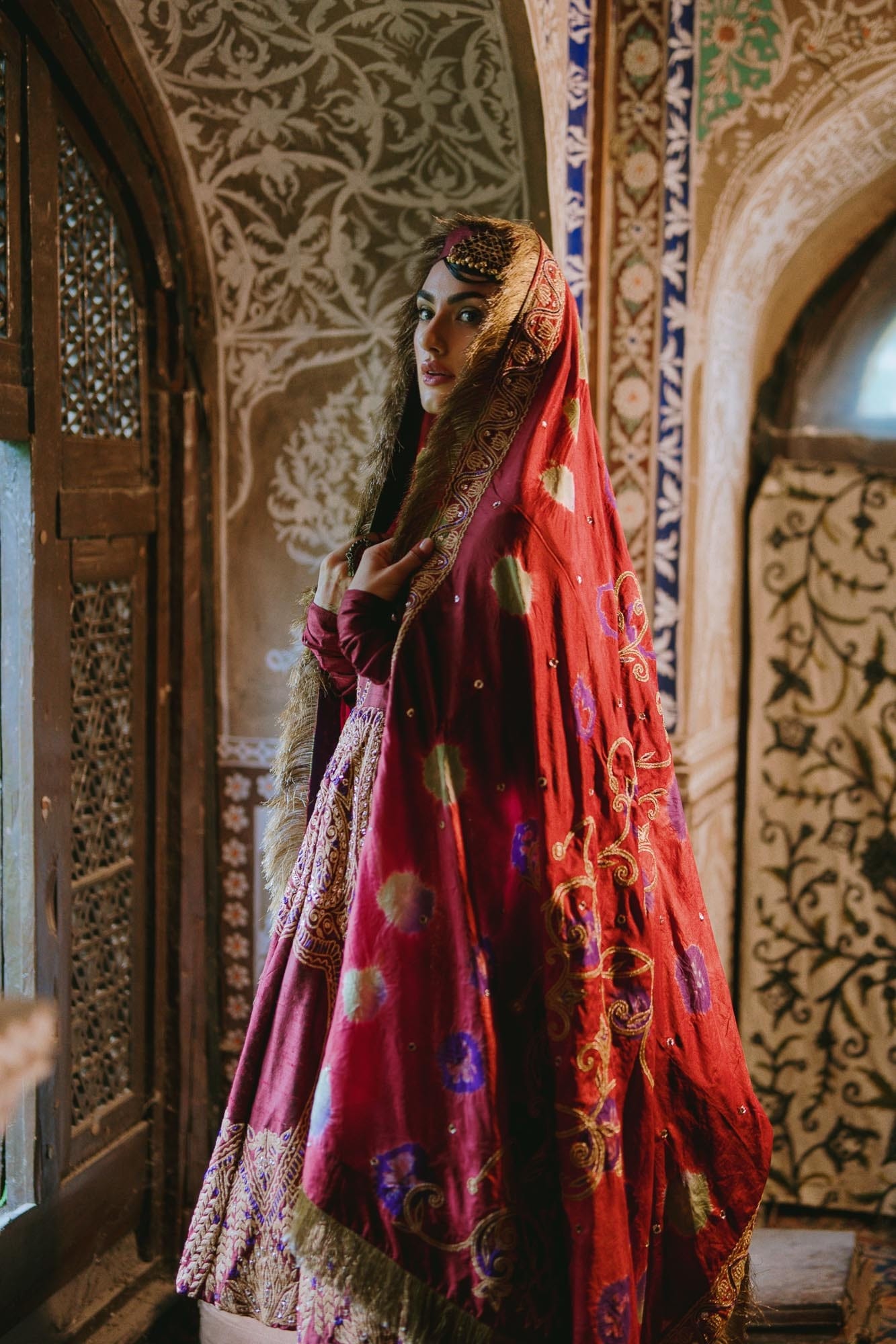 Maroon Raw Silk Kalidar Bandhani Dupatta Gharara