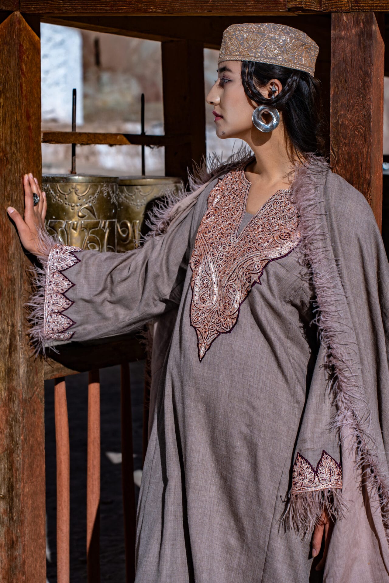 Beige Black Hand Embroidered Pheran Salwar Stole