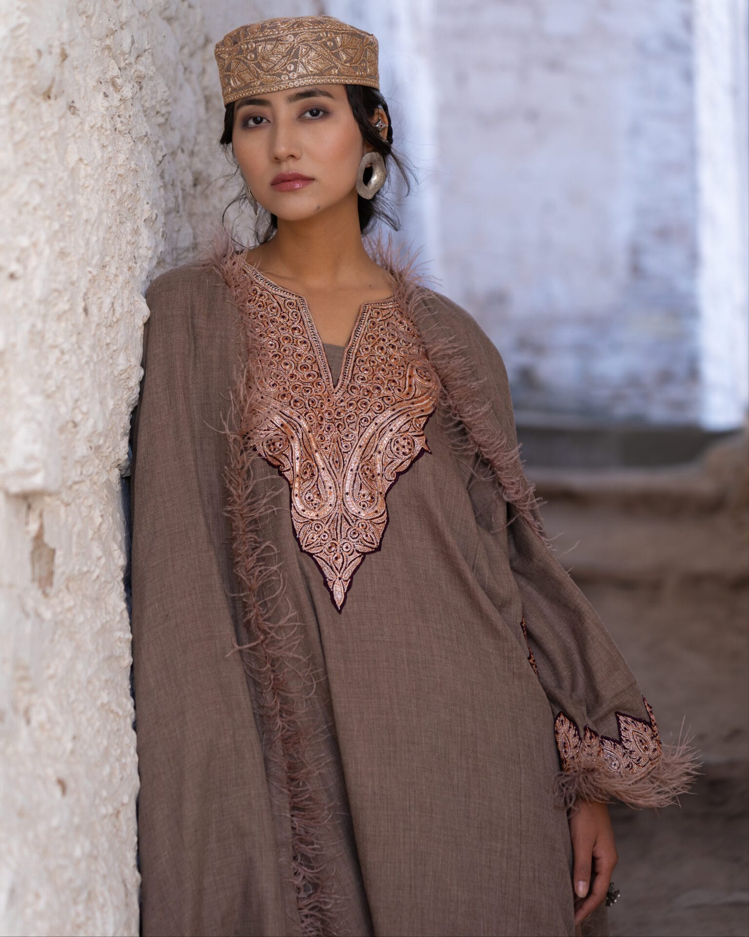 Beige Black Hand Embroidered Pheran Salwar Stole