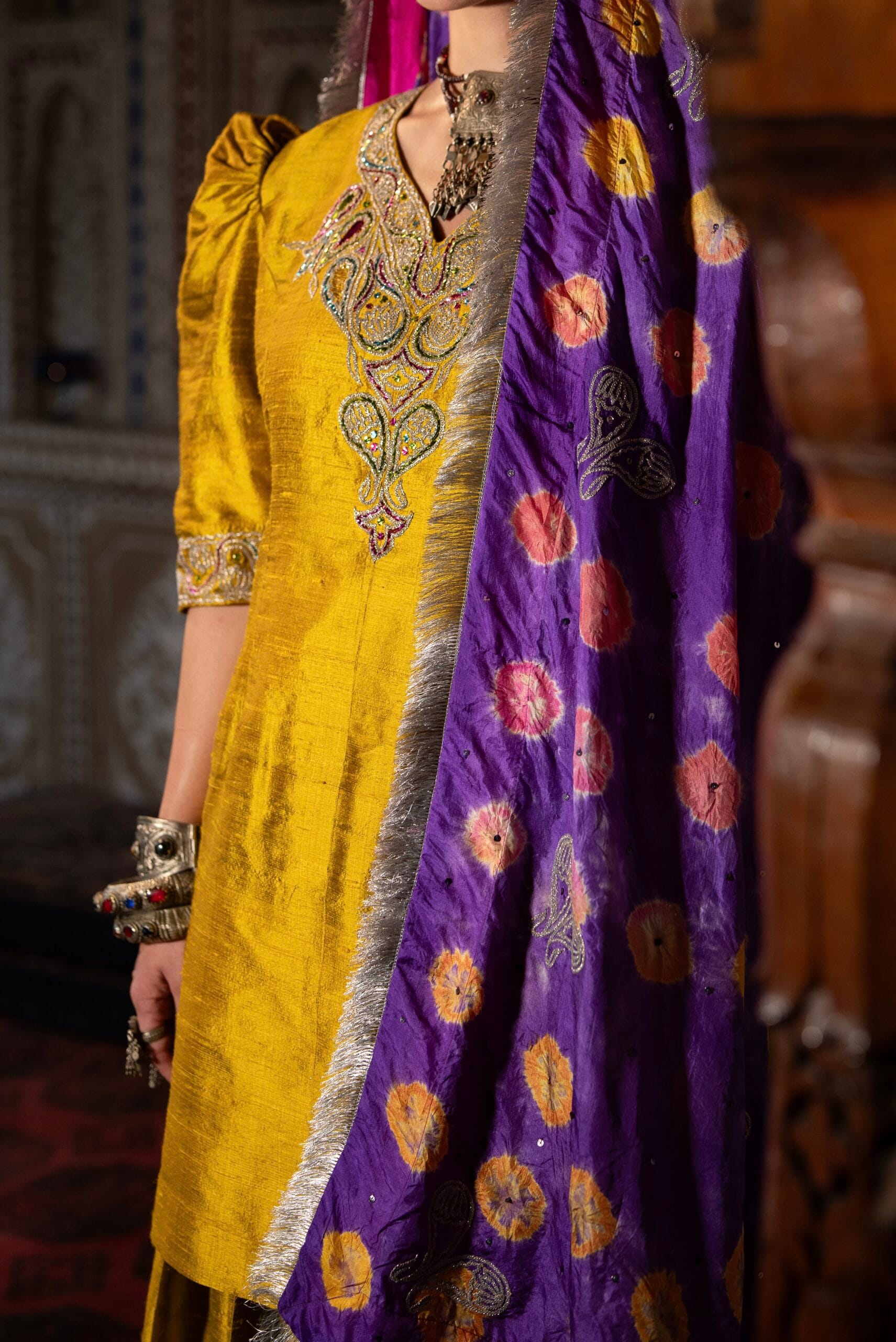 Lime Yellow Raw Silk Puff Sleeved Kurta Farshi Salwar Bandhani Dupatta