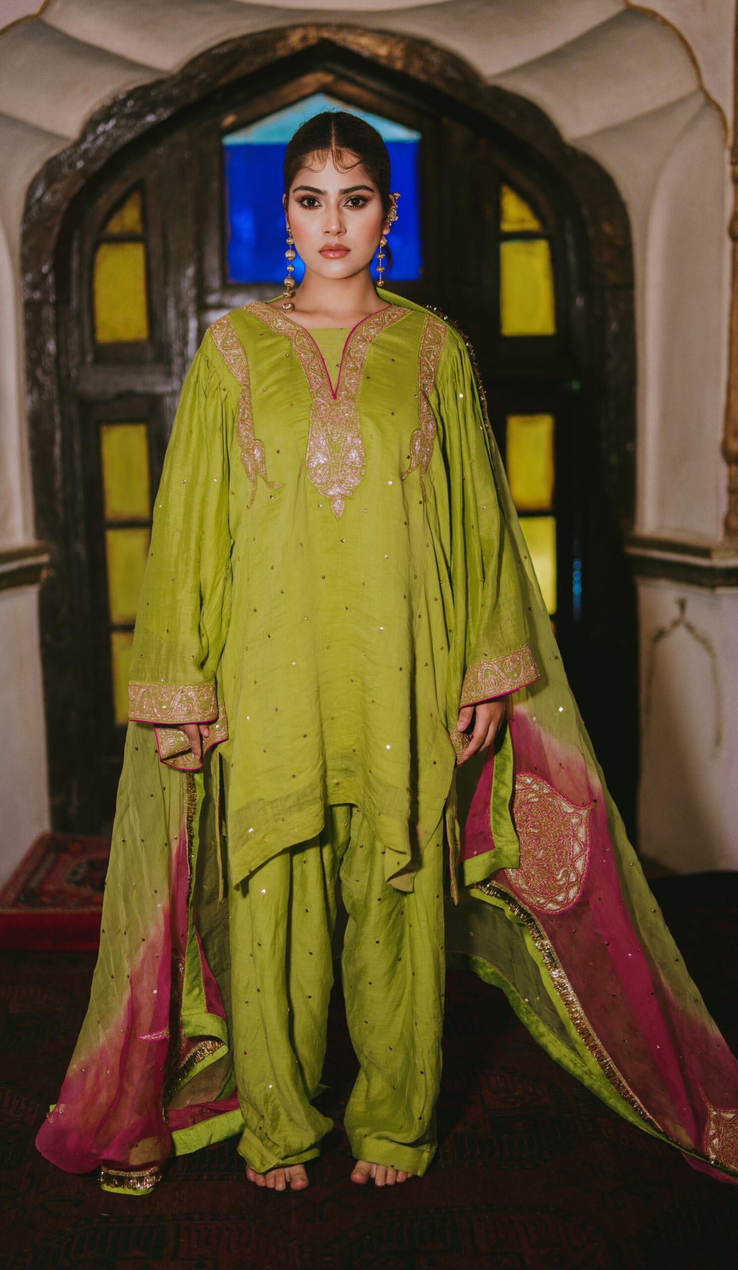 Green Chandheri Mukaish Ruffle Sleeved Pheran Salwar Kamdani Tilla Embroidered Dupatta