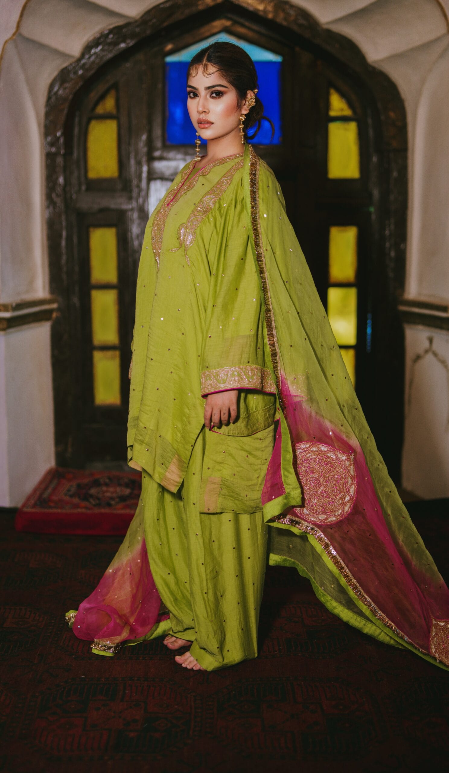 Green Chandheri Mukaish Ruffle Sleeved Pheran Salwar Kamdani Tilla Embroidered Dupatta