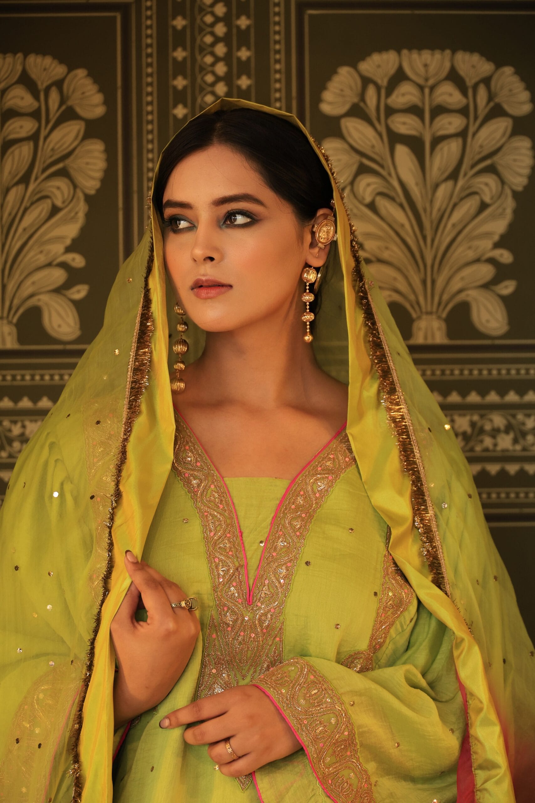 Green Chandheri Mukaish Ruffle Sleeved Pheran Salwar Kamdani Tilla Embroidered Dupatta