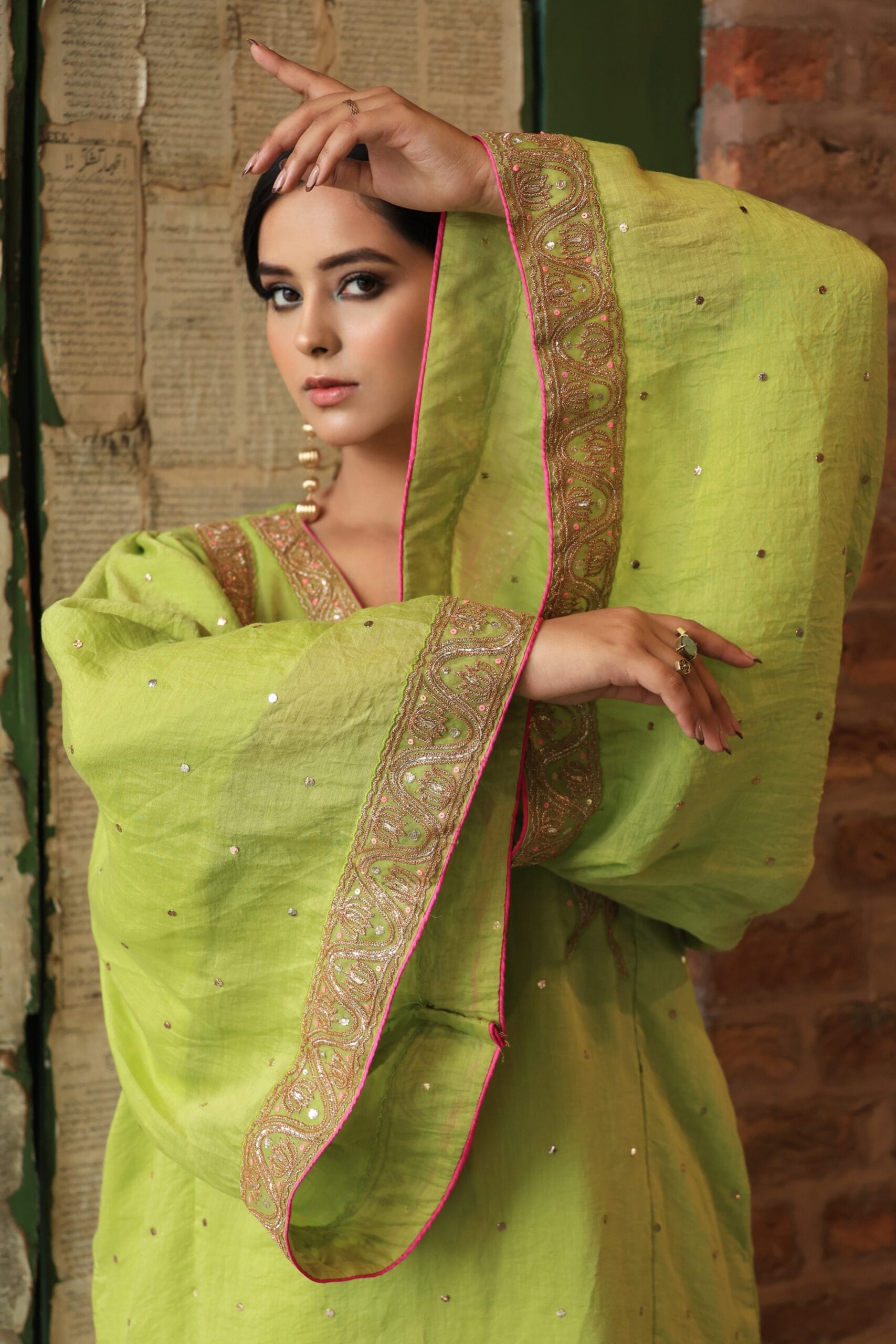 Green Chandheri Mukaish Ruffle Sleeved Pheran Salwar Kamdani Tilla Embroidered Dupatta