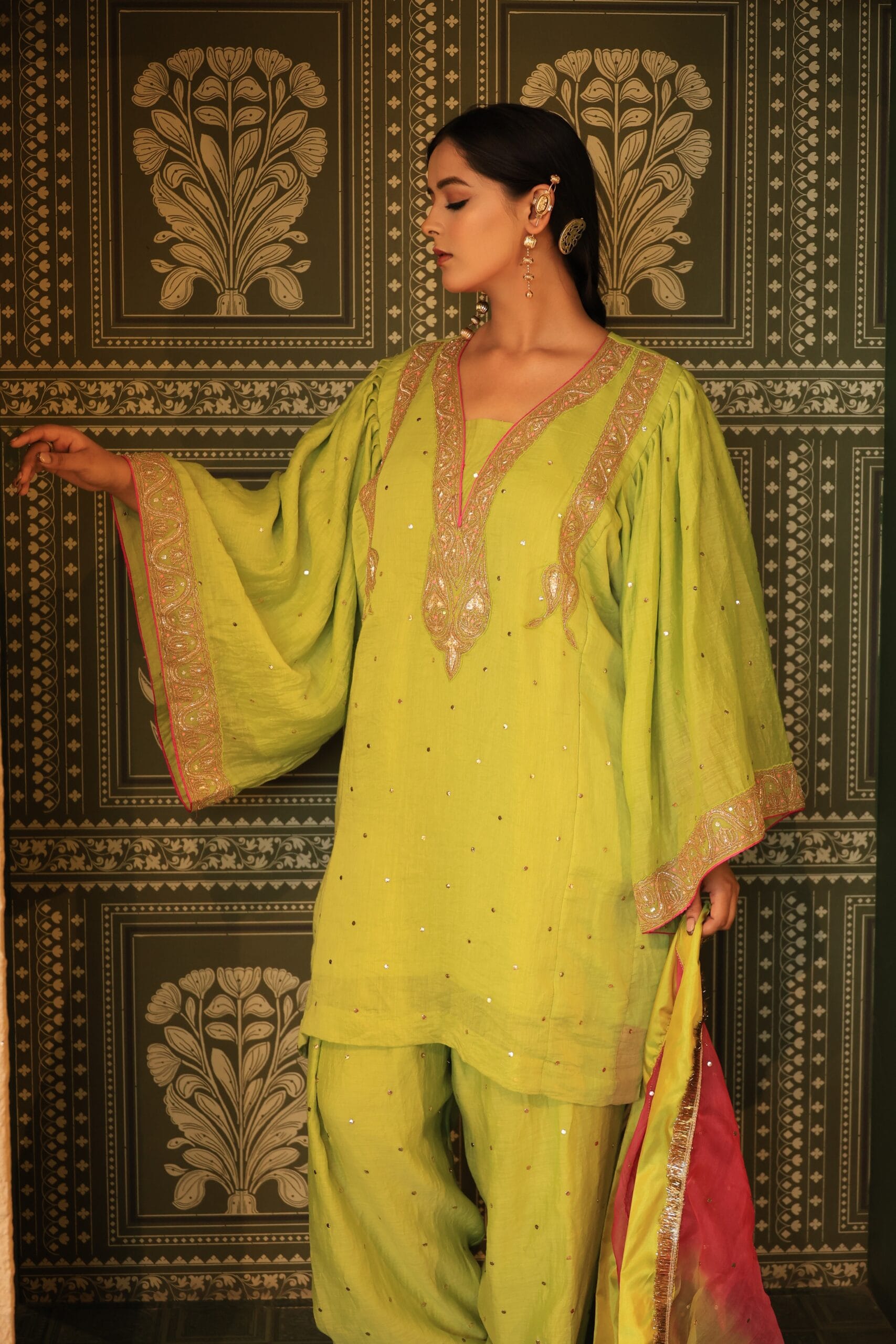 Green Chandheri Mukaish Ruffle Sleeved Pheran Salwar Kamdani Tilla Embroidered Dupatta