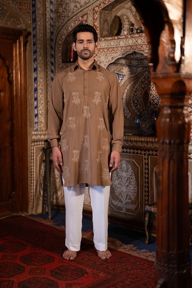Brown Ari Embroidered Kurta Pant with Ari Embroidered Waistcoat