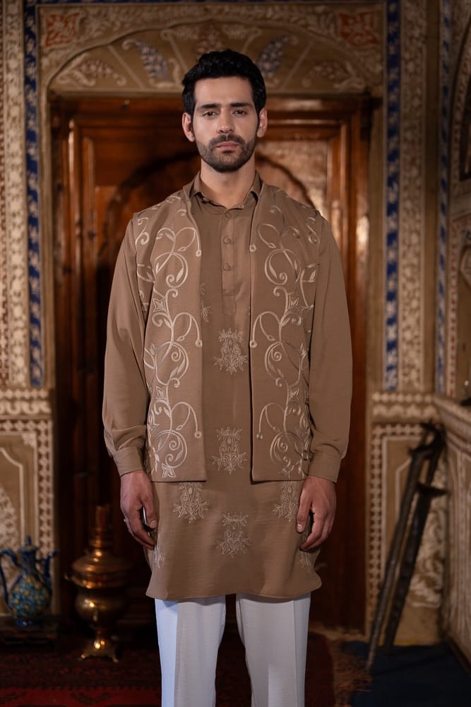 Brown Ari Embroidered Kurta Pant with Ari Embroidered Waistcoat