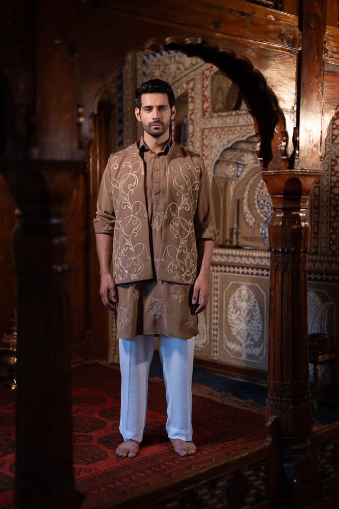 Brown Ari Embroidered Kurta Pant with Ari Embroidered Waistcoat