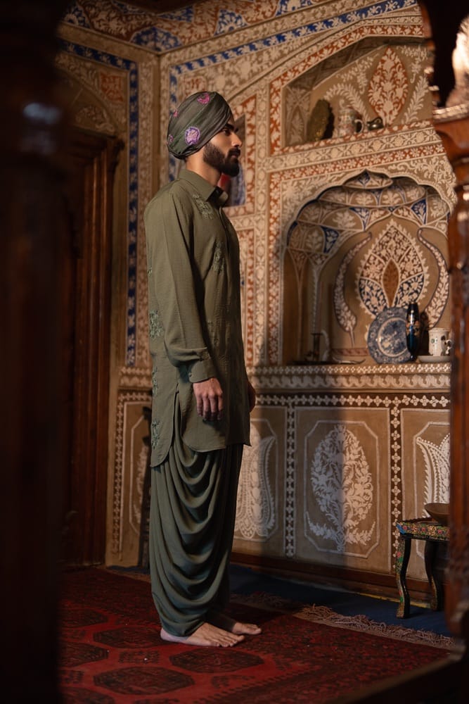 Olive Ari Embroidered Kurta Dhoti Salwar