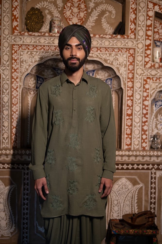 Olive Ari Embroidered Kurta Dhoti Salwar