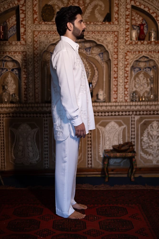 White Ari Embroidered Kurta Pant with Pastel Yellow Ari Embroidered Waistcoat
