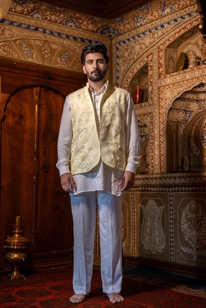 White Ari Embroidered Kurta Pant with Pastel Yellow Ari Embroidered Waistcoat