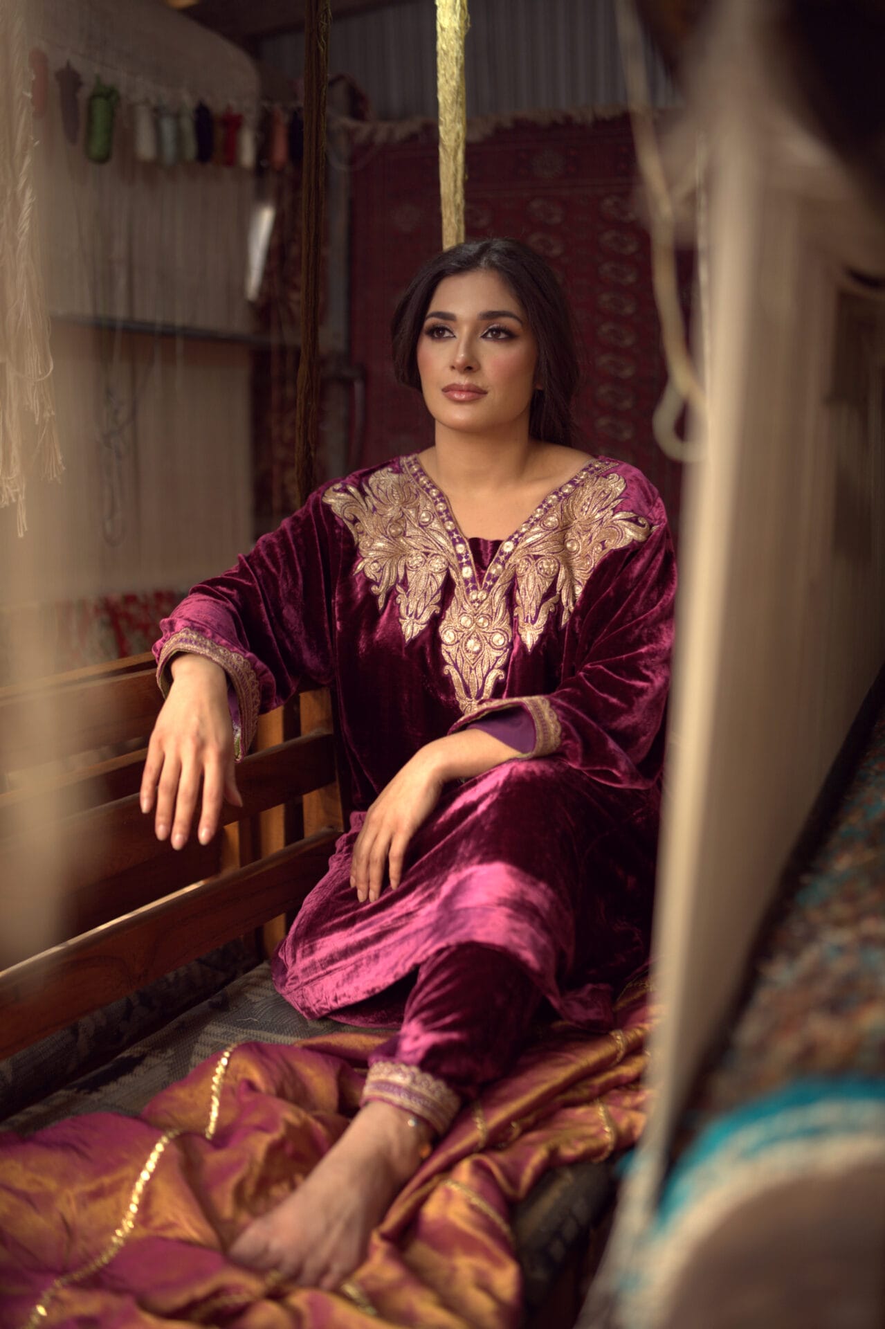 Wine Tilla Embroidered Pheran Salwar Tissue Dupatta