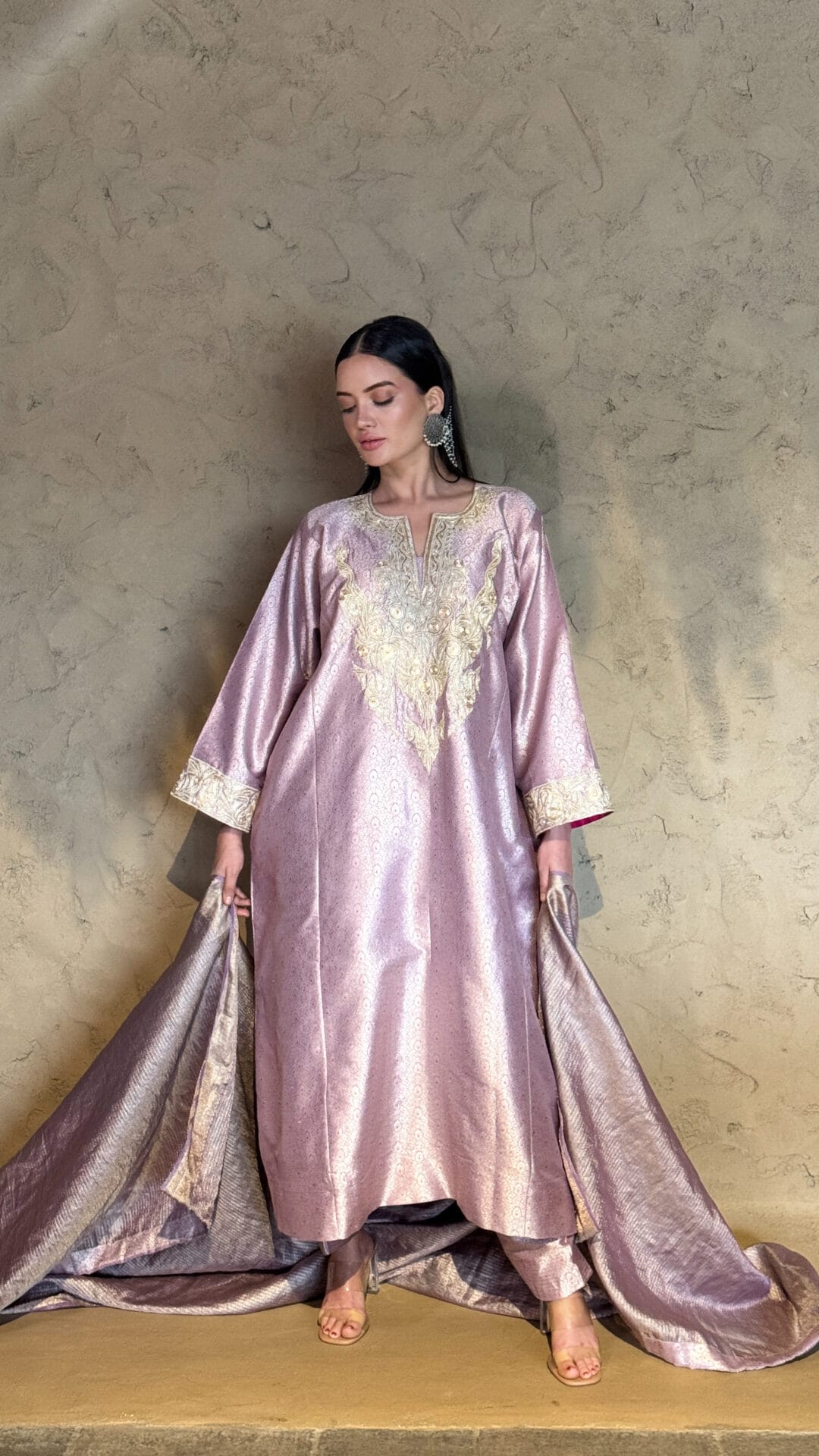 Lilac Zarbaft Tilla and Dabka Embroidered Round Pheran Salwar