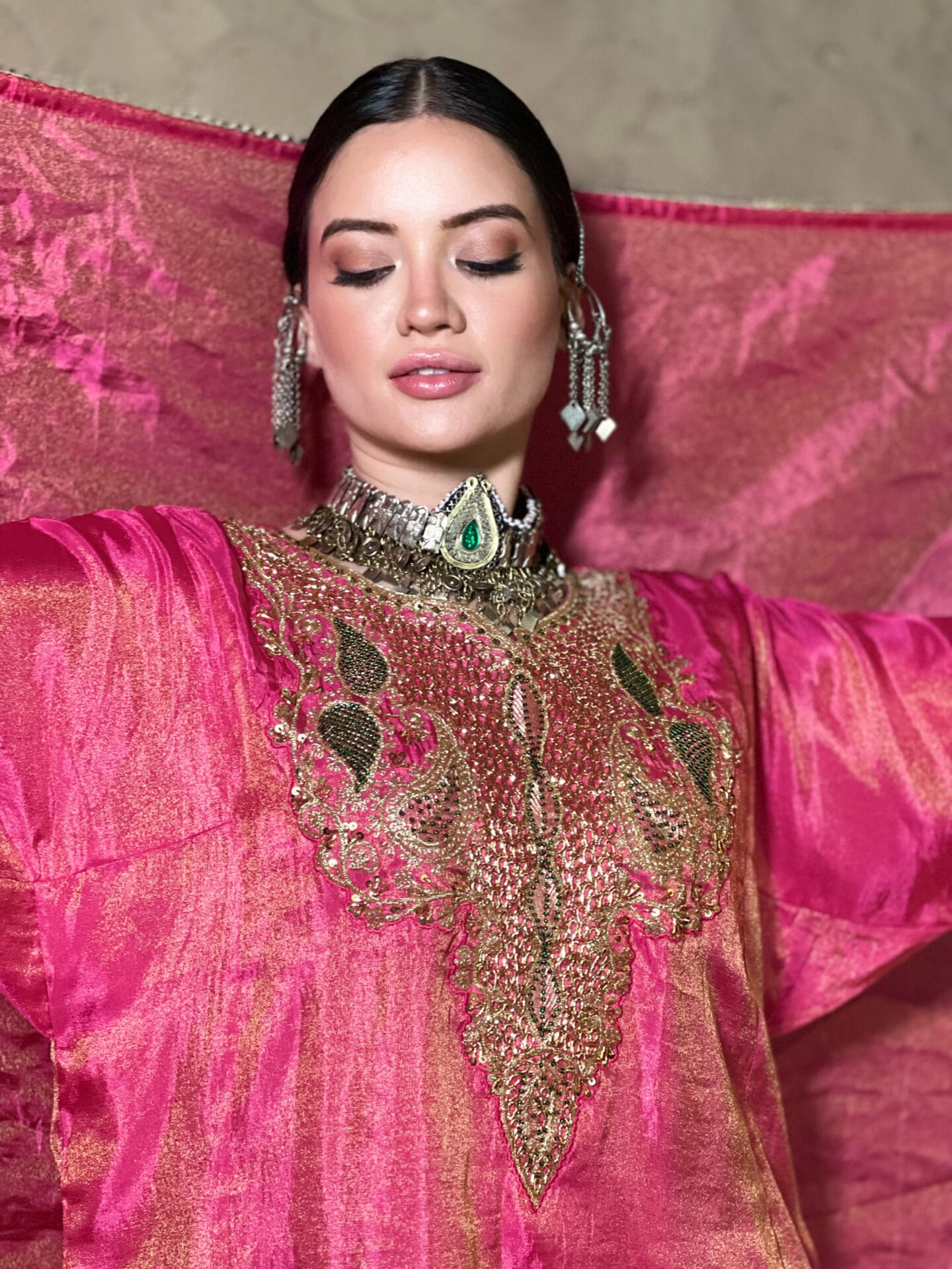 Hot Pink Hand Embroidered Pheran Salwar Tissue Dupatta