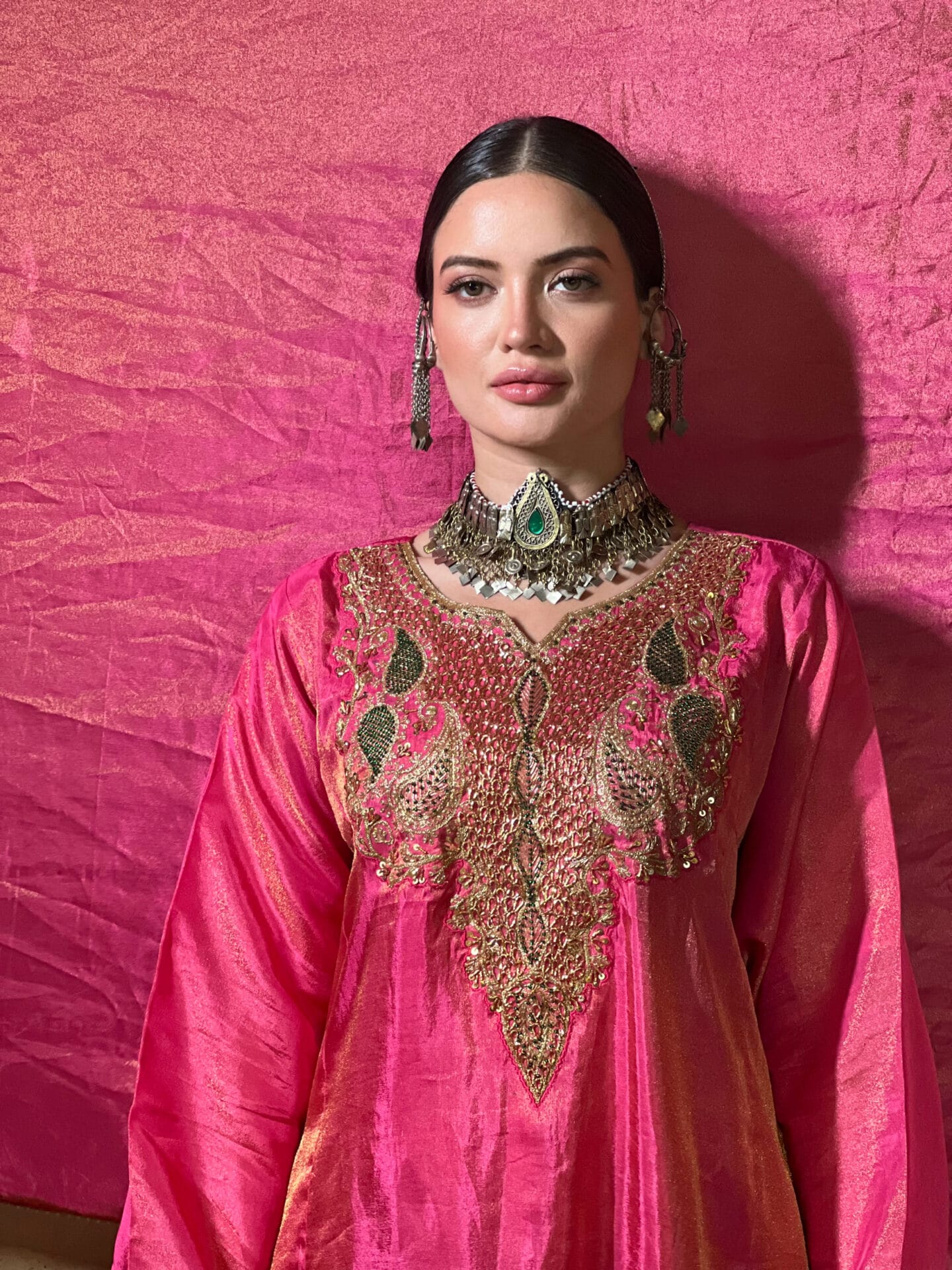 Hot Pink Hand Embroidered Pheran Salwar Tissue Dupatta
