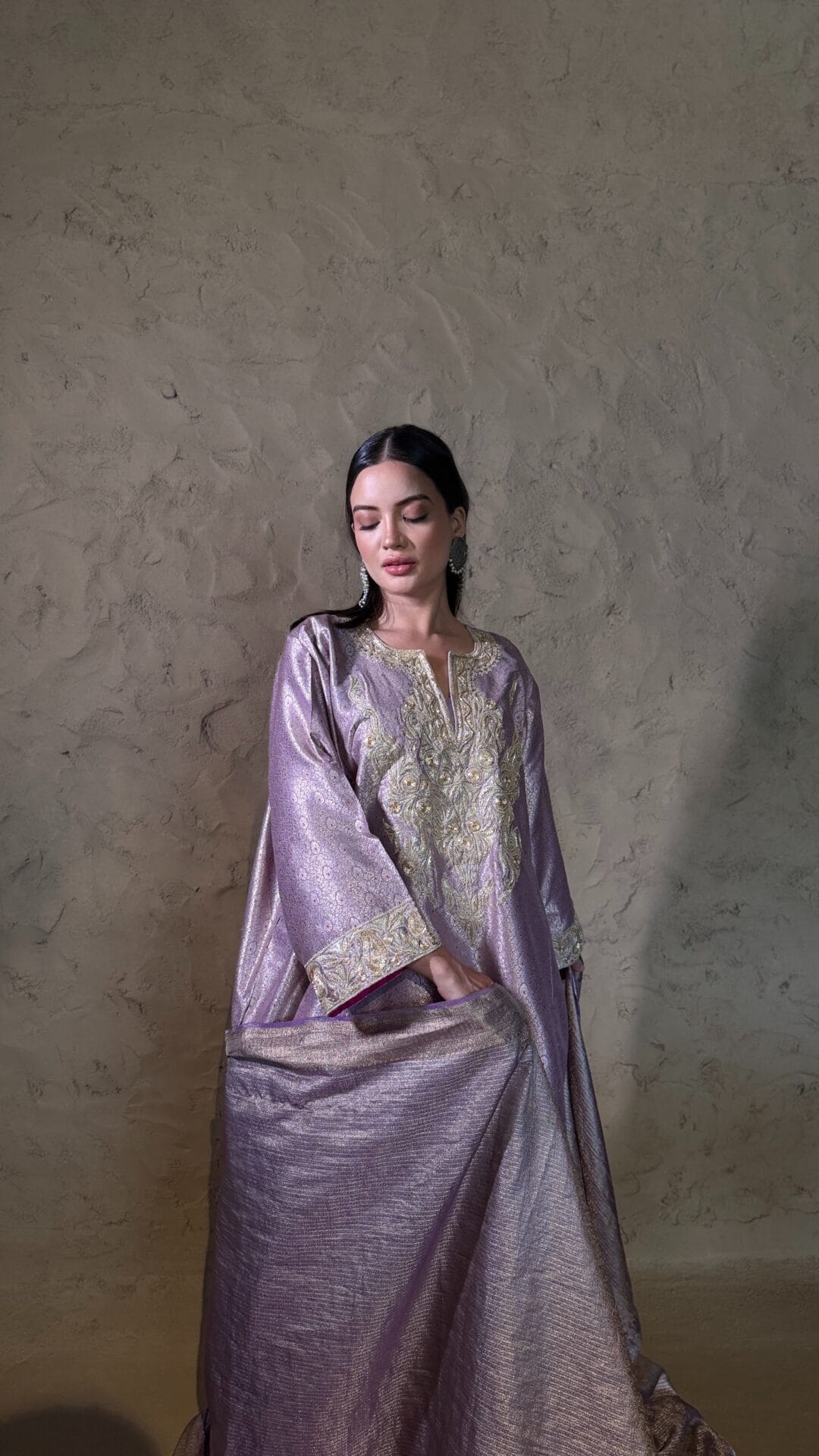Lilac Zarbaft Tilla and Dabka Embroidered Round Pheran Salwar