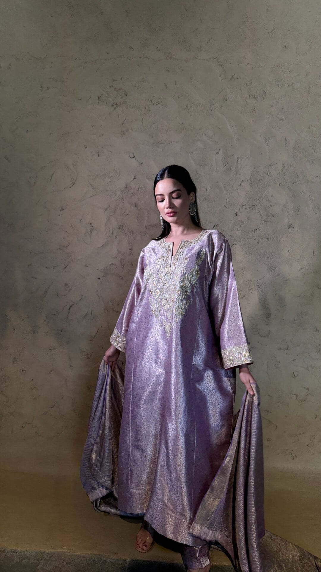 Lilac Zarbaft Tilla and Dabka Embroidered Round Pheran Salwar