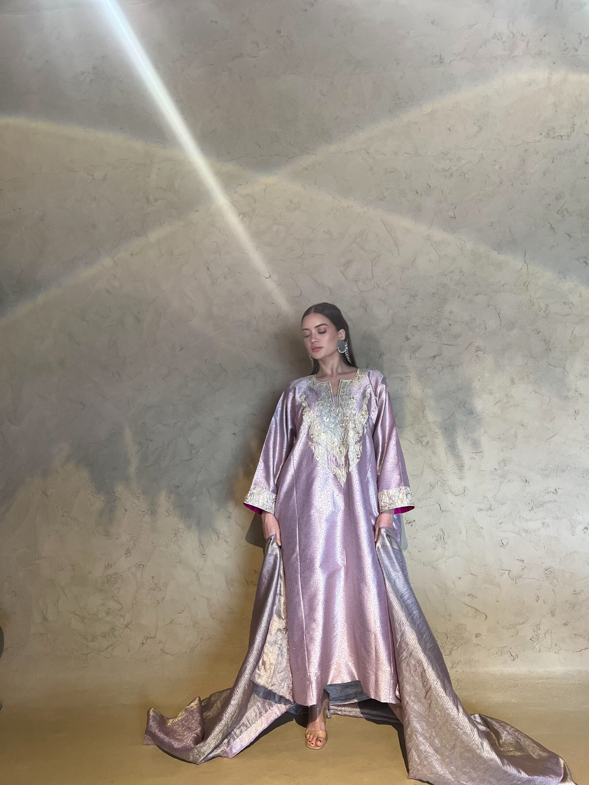 Lilac Zarbaft Tilla and Dabka Embroidered Round Pheran Salwar