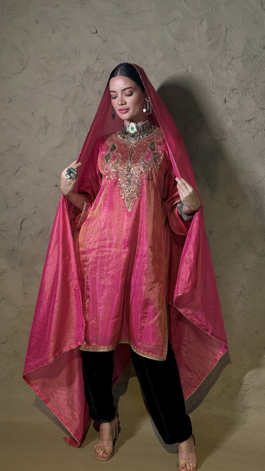 Hot Pink Hand Embroidered Pheran Salwar Tissue Dupatta
