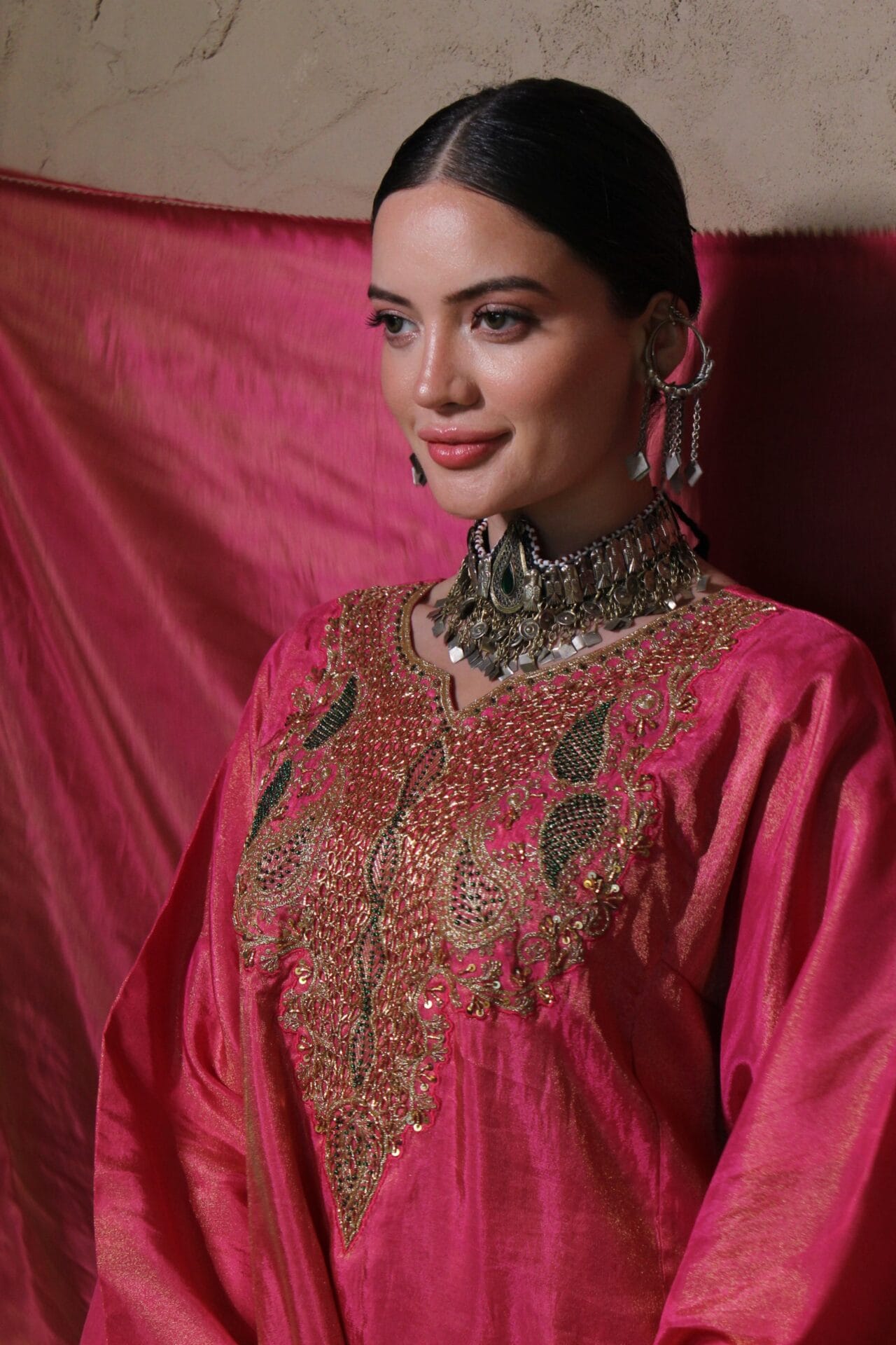 Hot Pink Hand Embroidered Pheran Salwar Tissue Dupatta