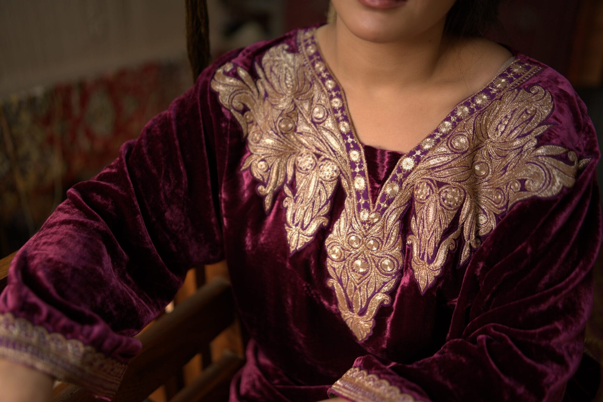 Wine Tilla Embroidered Pheran Salwar Tissue Dupatta