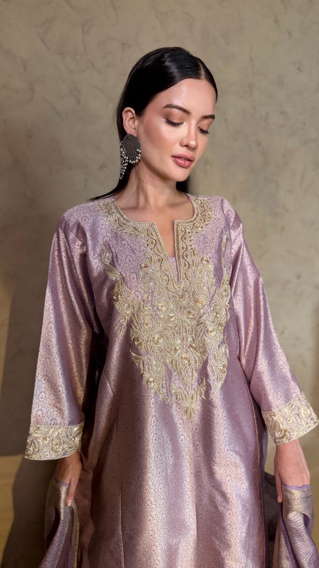 Lilac Zarbaft Tilla and Dabka Embroidered Round Pheran Salwar