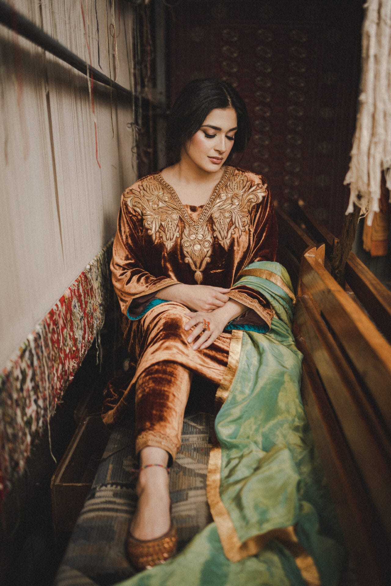 Rust Tilla Embroidered Pheran Salwar Tissue Dupatta