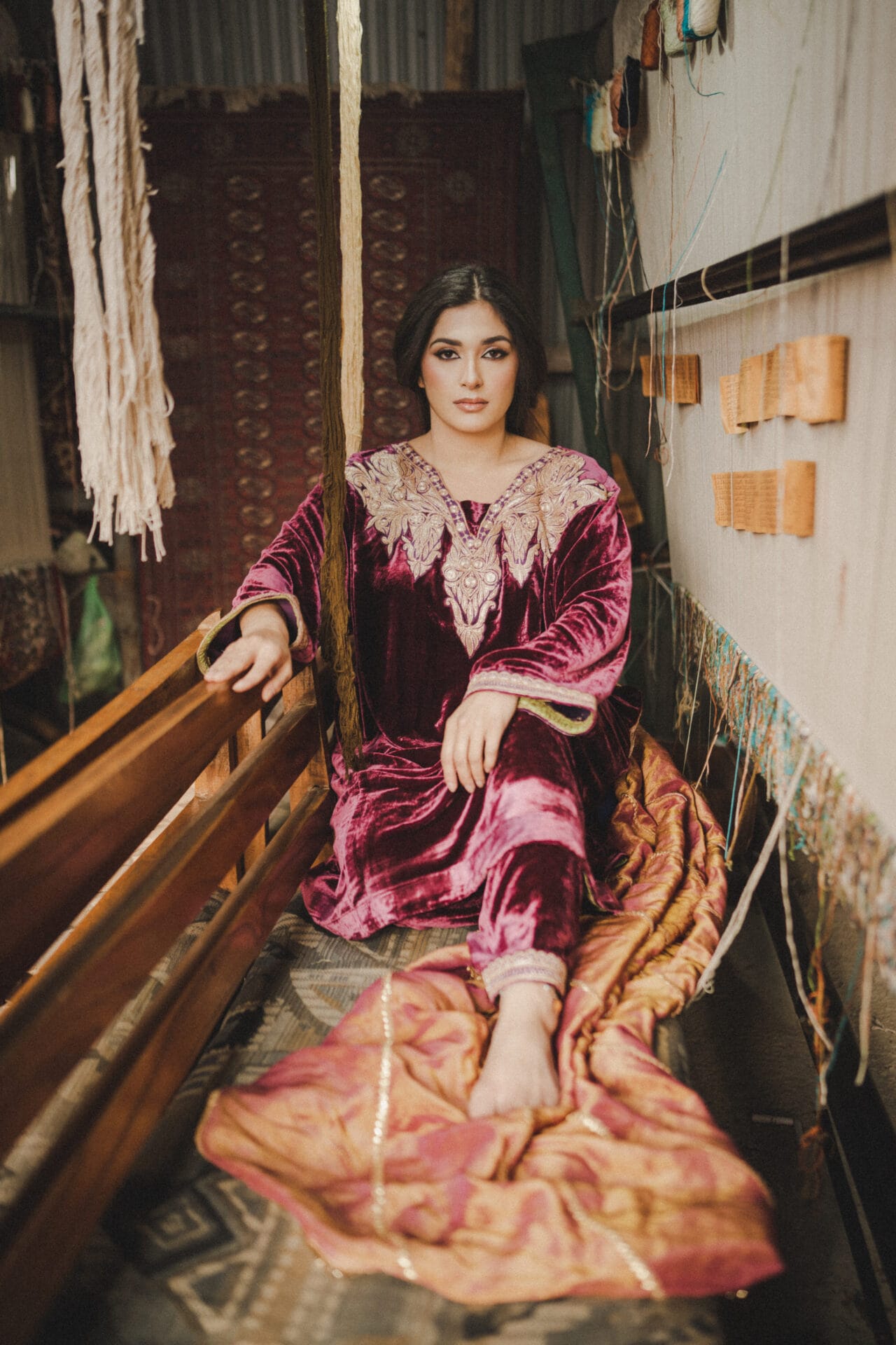 Wine Tilla Embroidered Pheran Salwar Tissue Dupatta