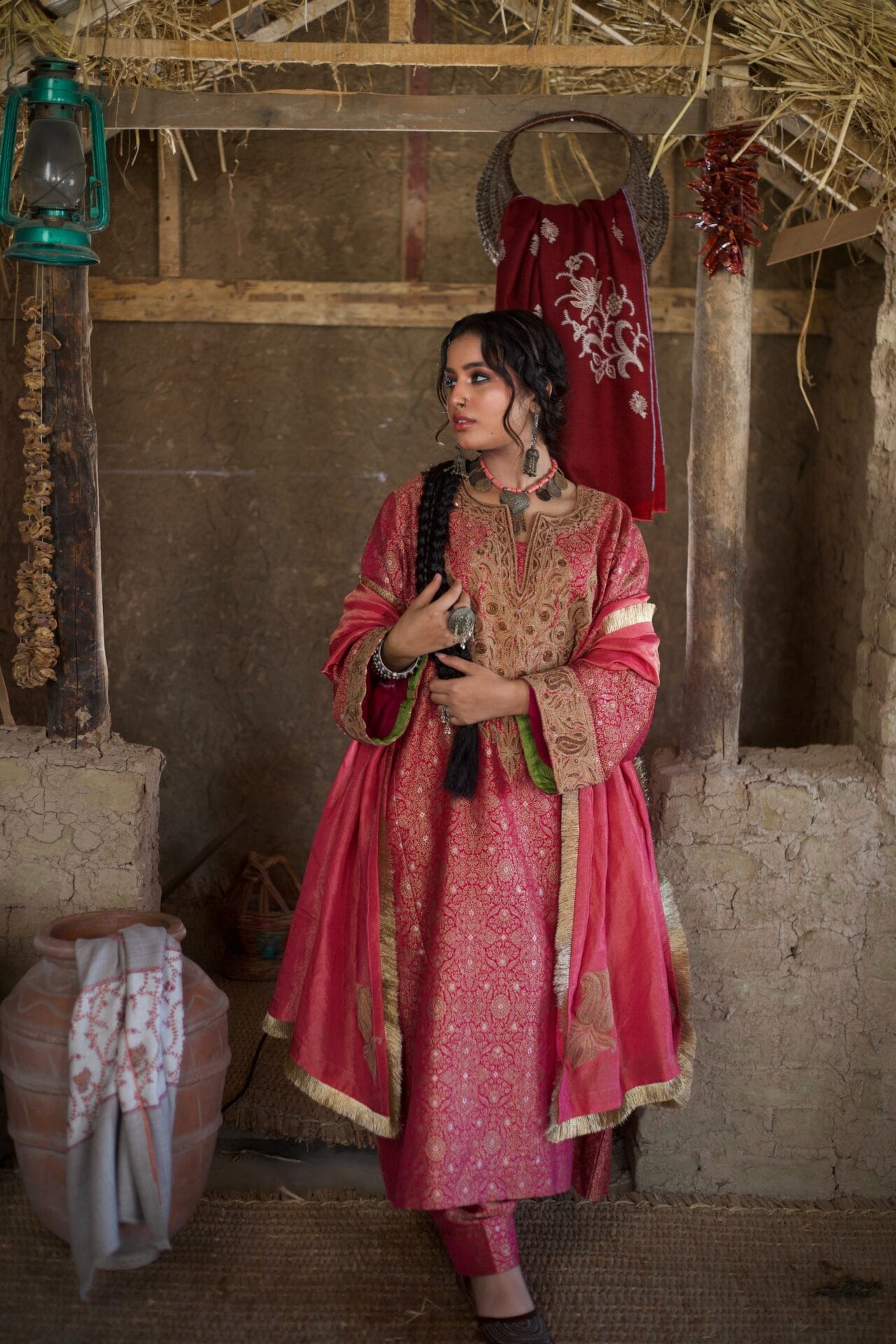 Pink Zarbaft Tilla and Dabka Embroidered Round Pheran Salwar