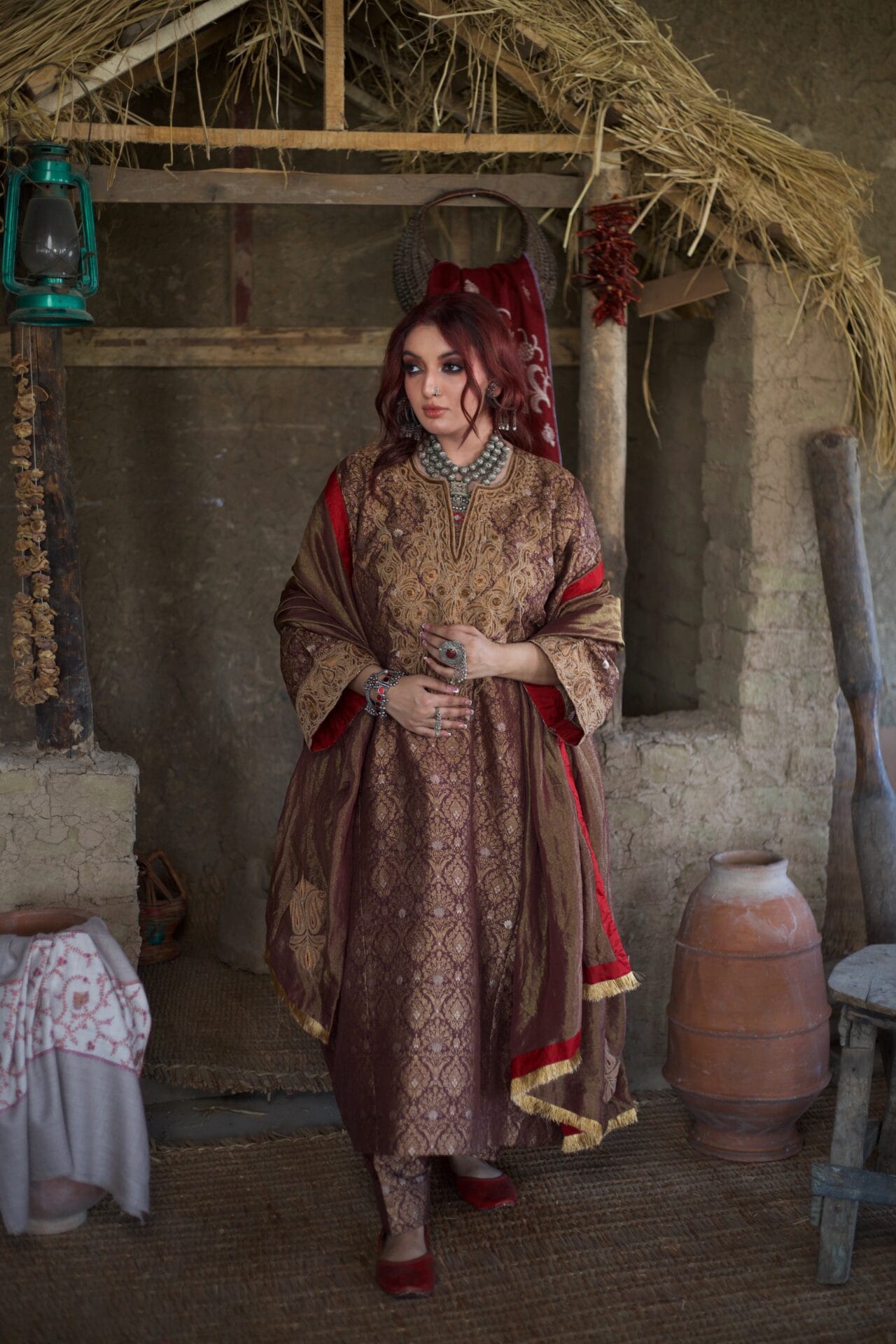 Brown Zarbaft Tilla and Dabka Embroidered Round Pheran Salwar