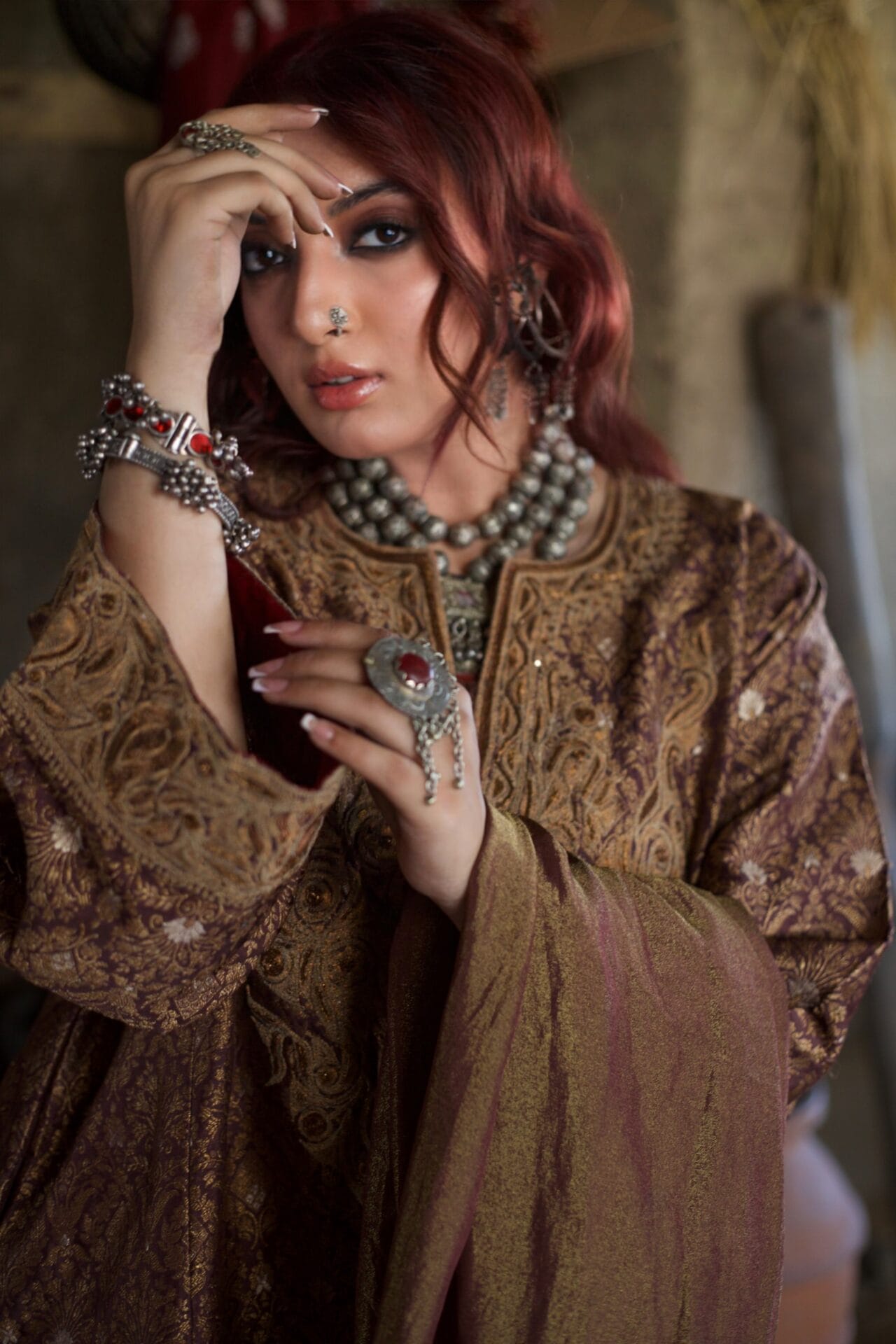 Brown Zarbaft Tilla and Dabka Embroidered Round Pheran Salwar
