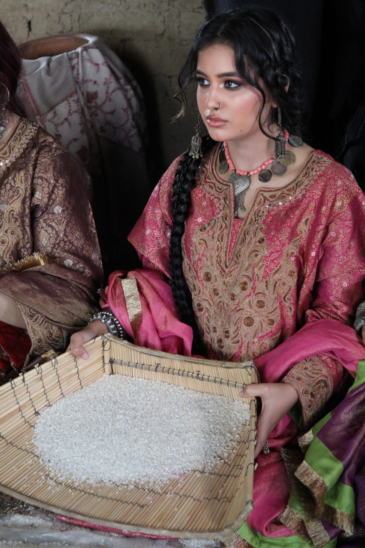 Pink Zarbaft Tilla and Dabka Embroidered Round Pheran Salwar