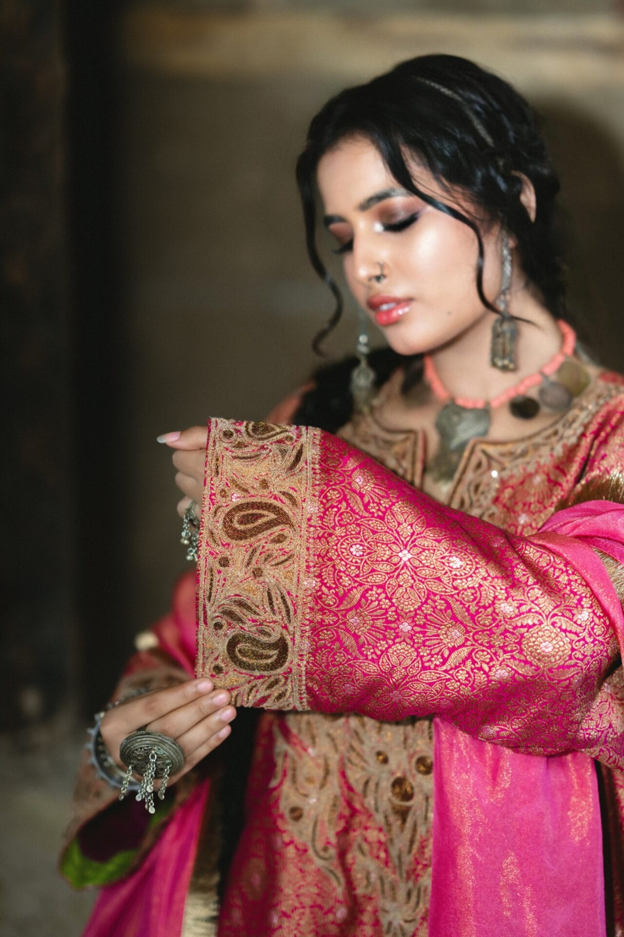 Pink Zarbaft Tilla and Dabka Embroidered Round Pheran Salwar