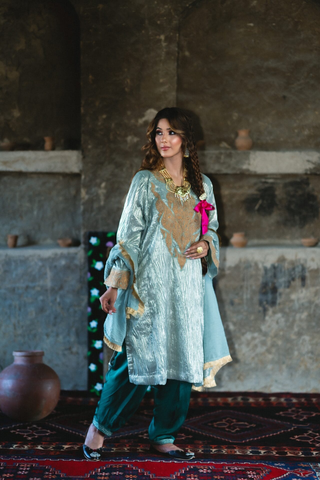 Sage Green Shimmer Tilla Embroidered Pheran Salwar