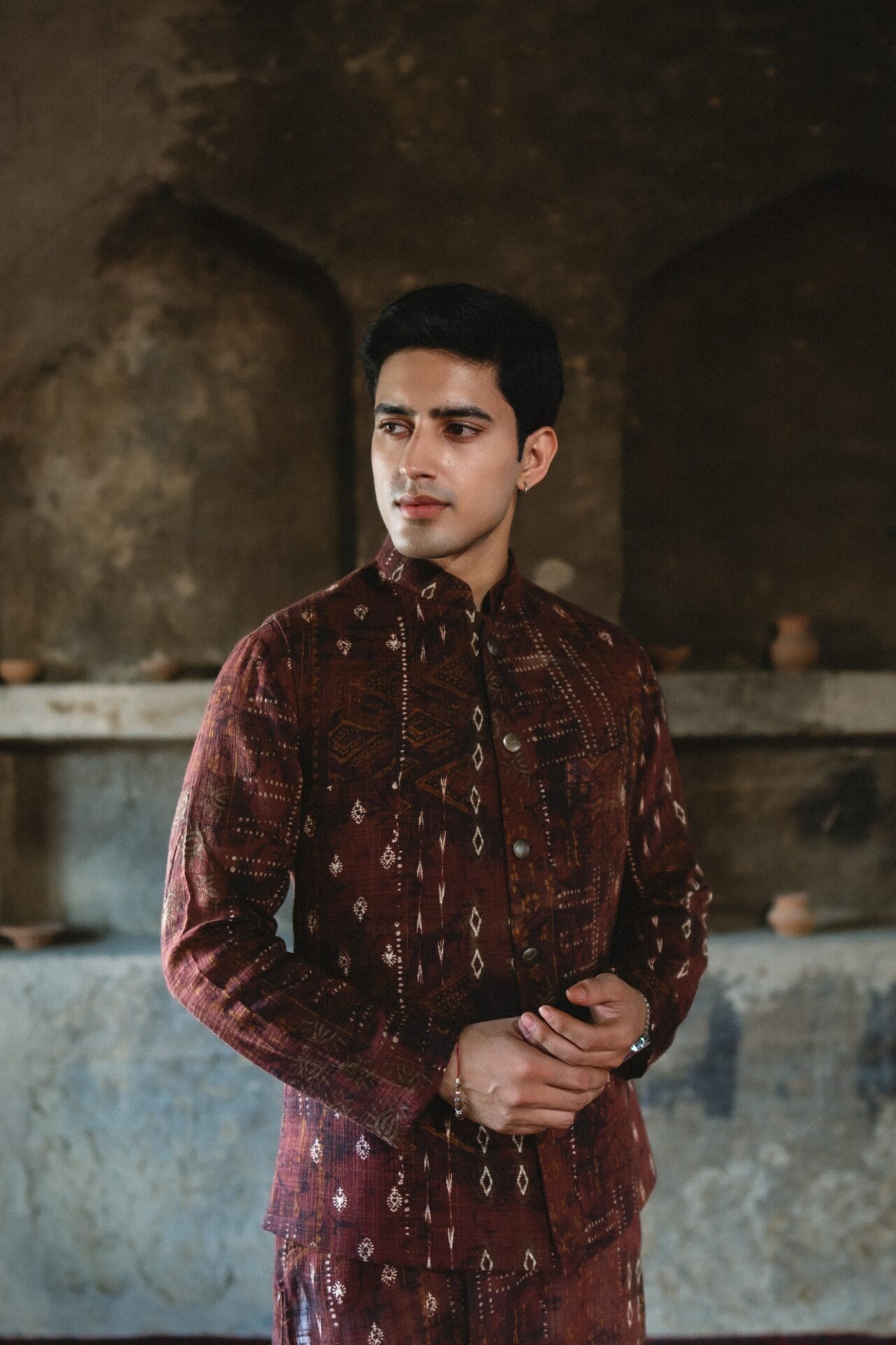 Brown Ajrakh Printed Waistcoat set