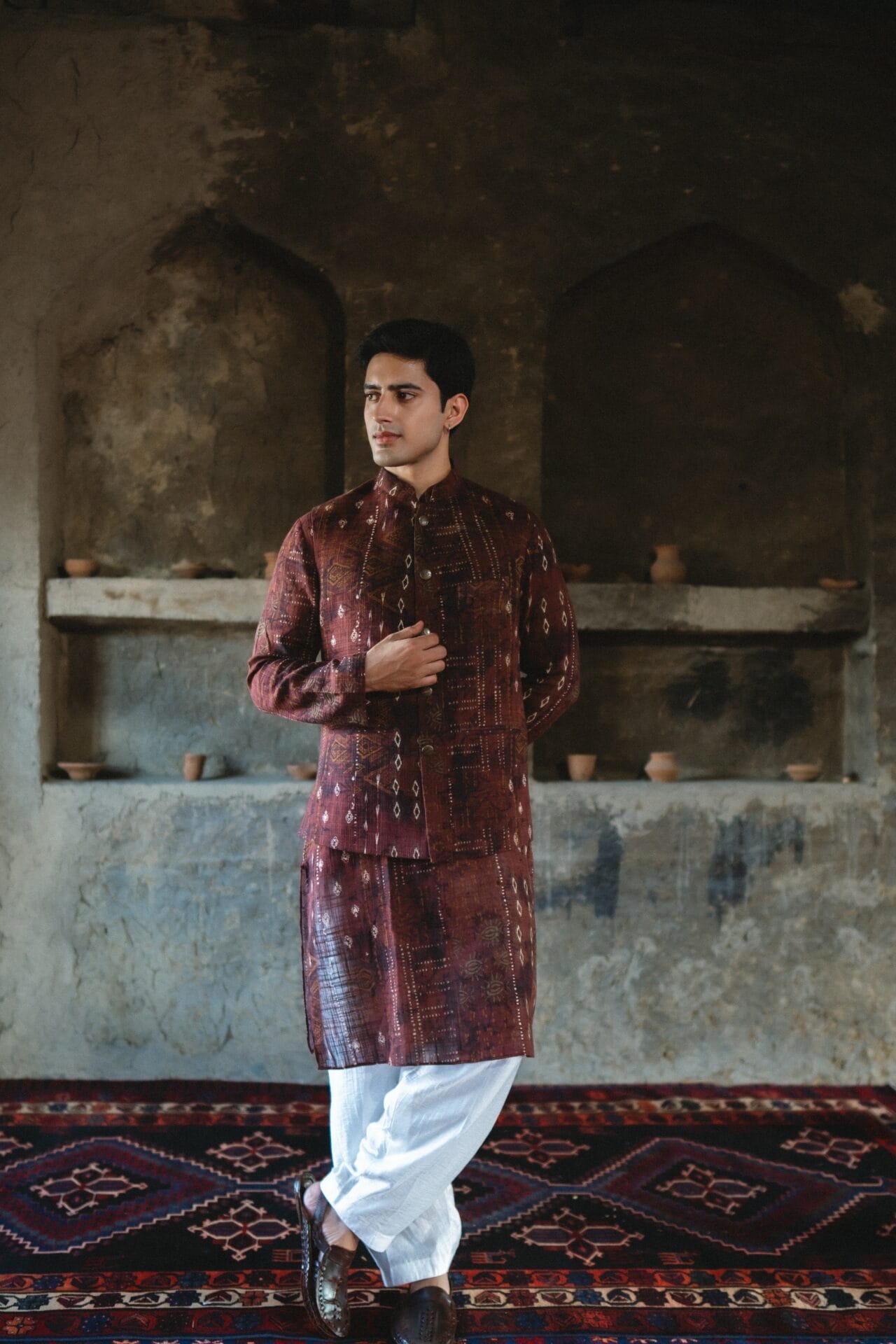 Brown Ajrakh Printed Waistcoat set