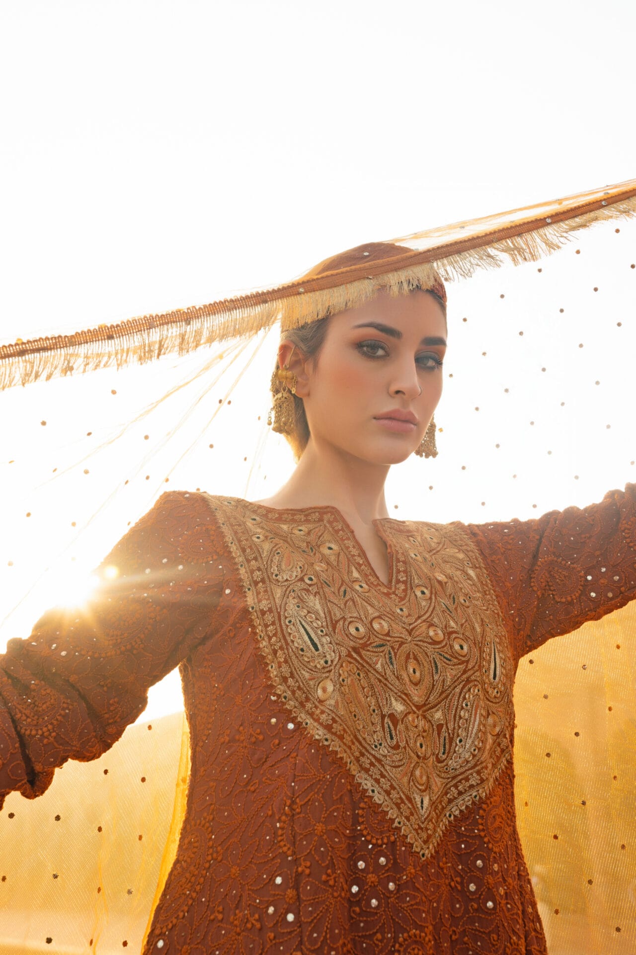 Rust Tilla Embroidered Kurta Palazzo Net Mukaish Dupatta