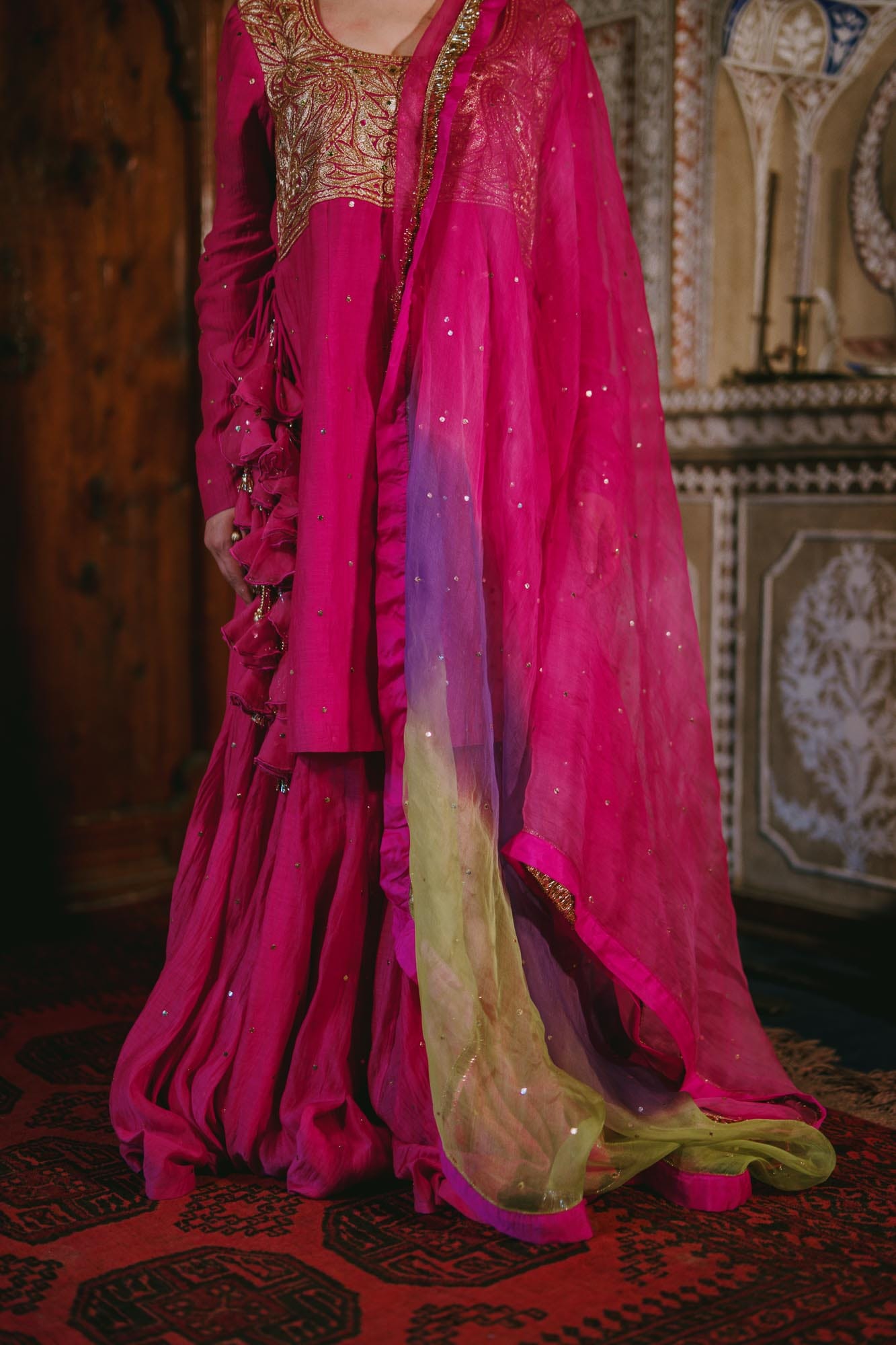 Rani Pink Chandheri Mukaish High Slit Kameez Gharara Organza Kamdani Dupatta