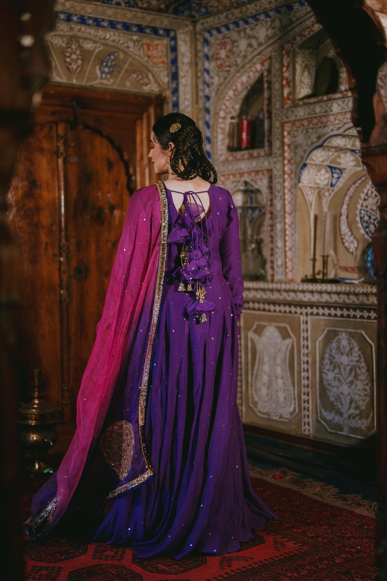 Purple Chandheri Mukaish Anarkali Organza Kamdani Tilla Embroidered Dupatta