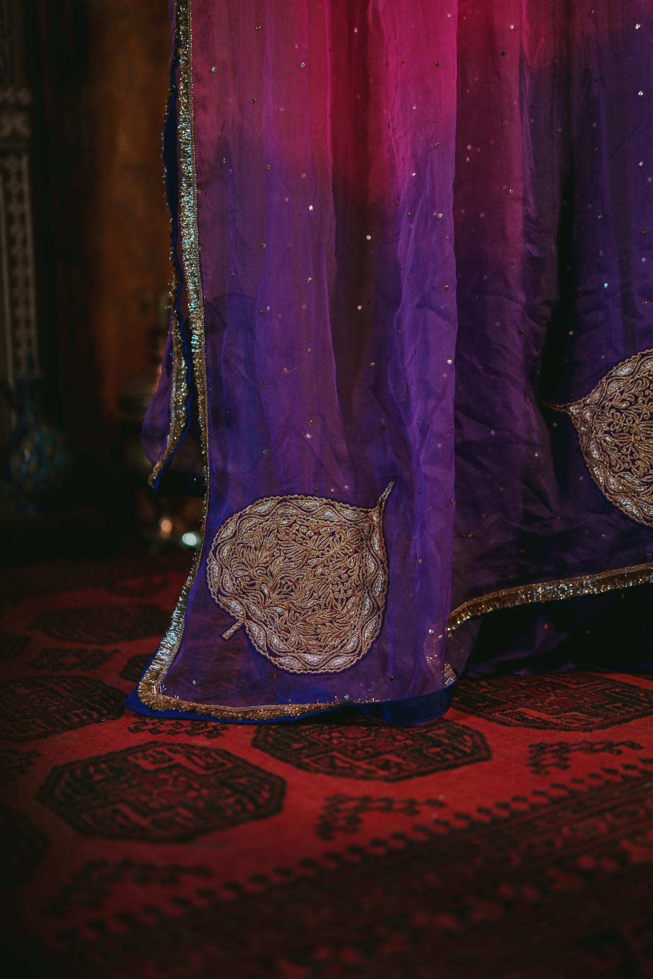 Purple Chandheri Mukaish Anarkali Organza Kamdani Tilla Embroidered Dupatta