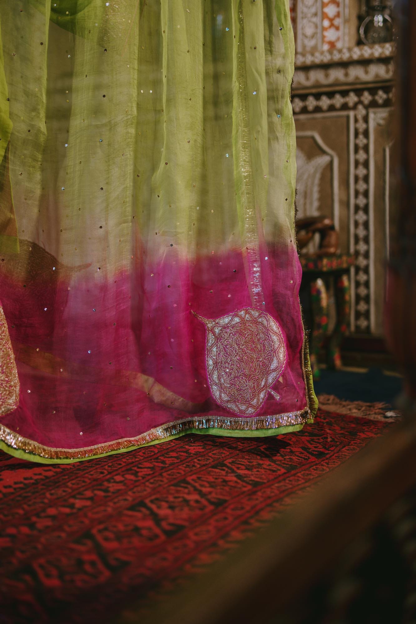 Green Chandheri Mukaish Ruffle Sleeved Pheran Salwar Kamdani Tilla Embroidered Dupatta